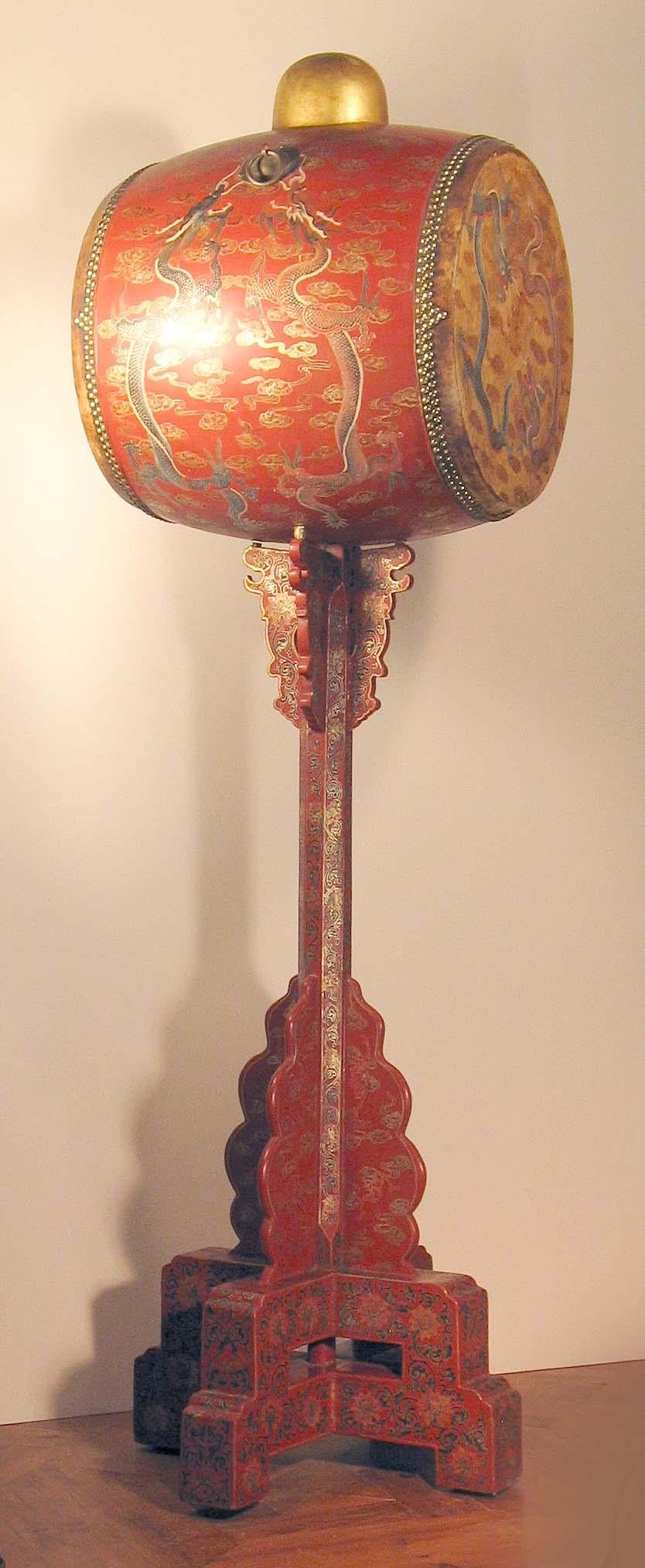 Rare 6 ft. Tall Chinese Ceremonial Lacquer Drum and Stand, 19th Century 3