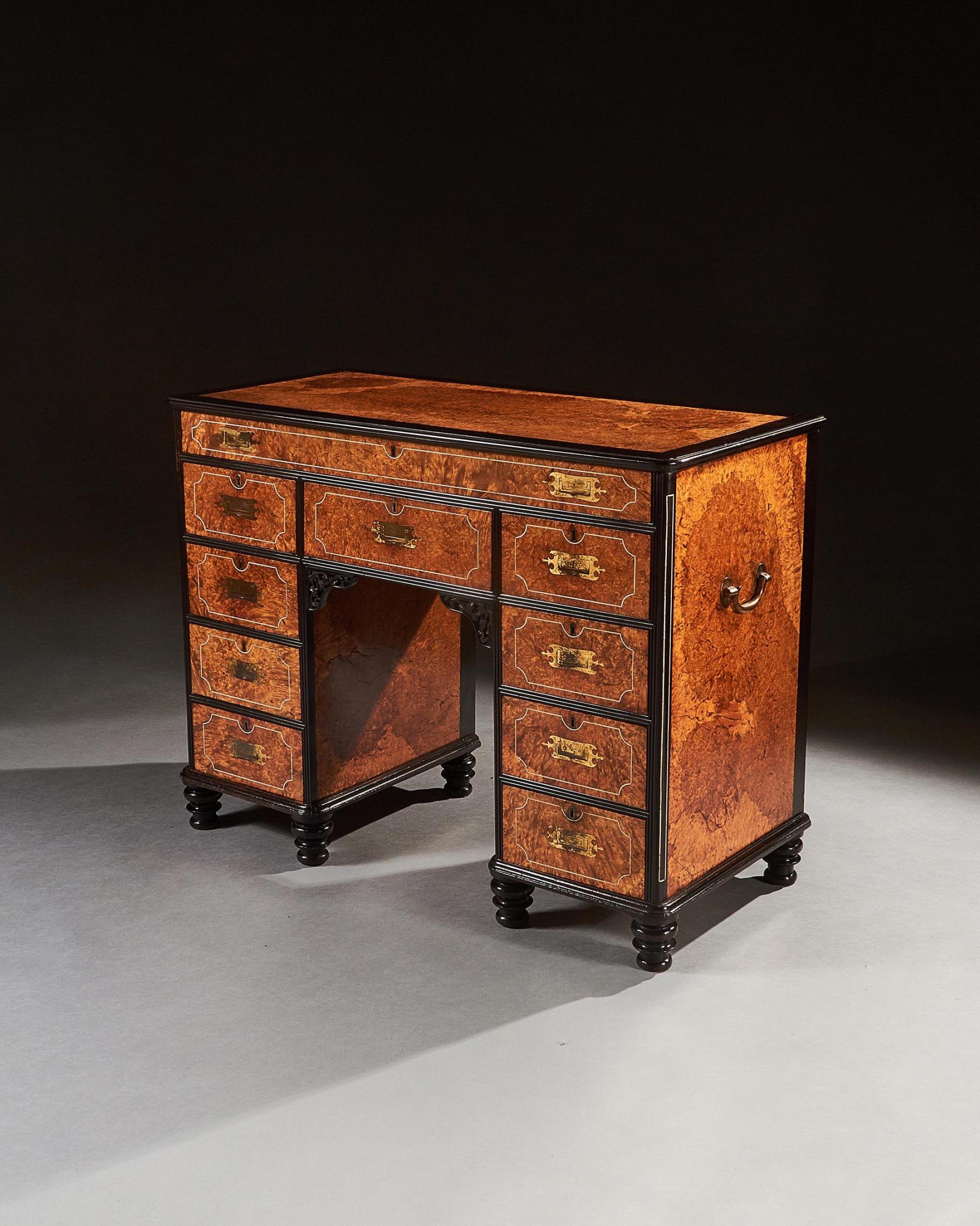 Mid-19th Century Rare Chinese Export Amboyna and Ebony Campaign Kneehole Desk For Sale