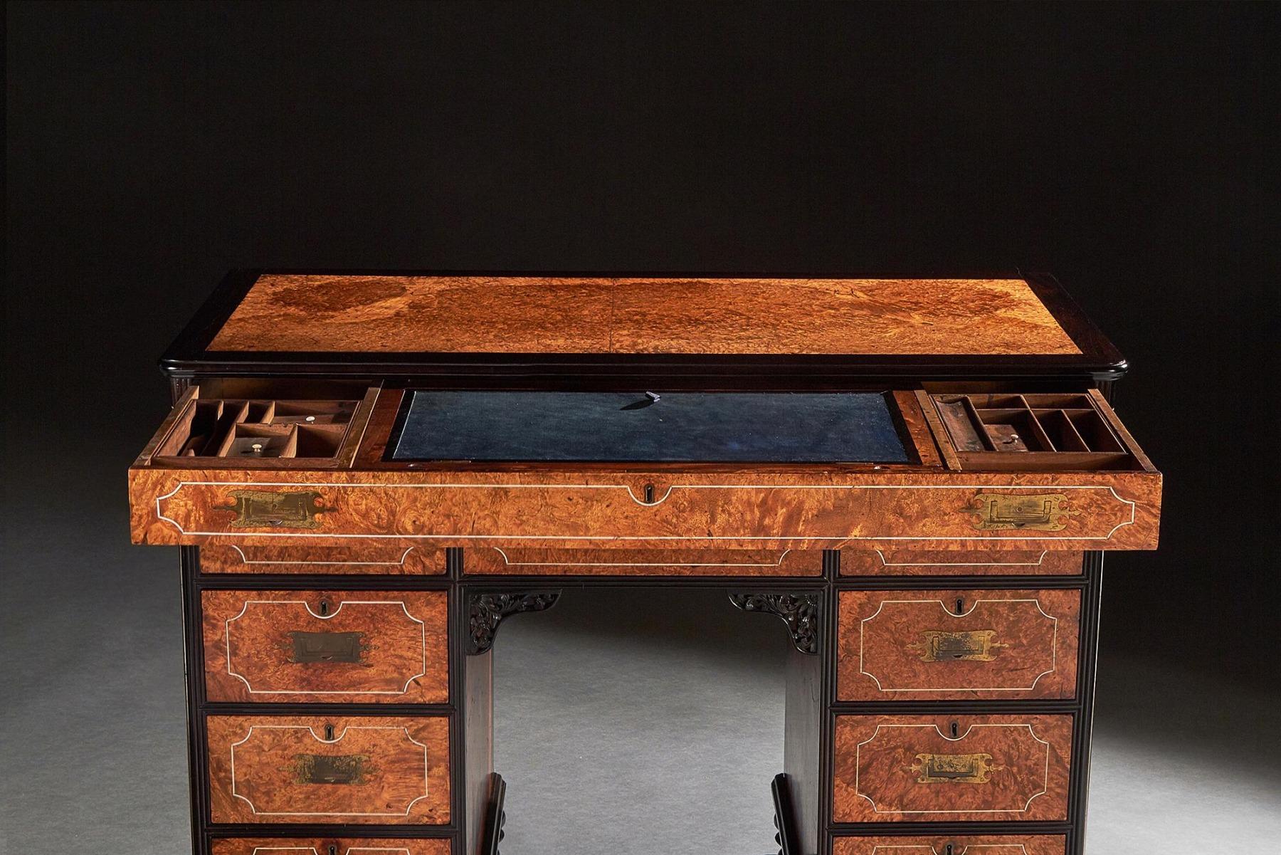 Rare Chinese Export Amboyna and Ebony Campaign Kneehole Desk For Sale 2