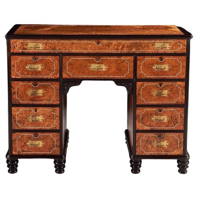 Rare Chinese Export Amboyna and Ebony Campaign Kneehole Desk For Sale