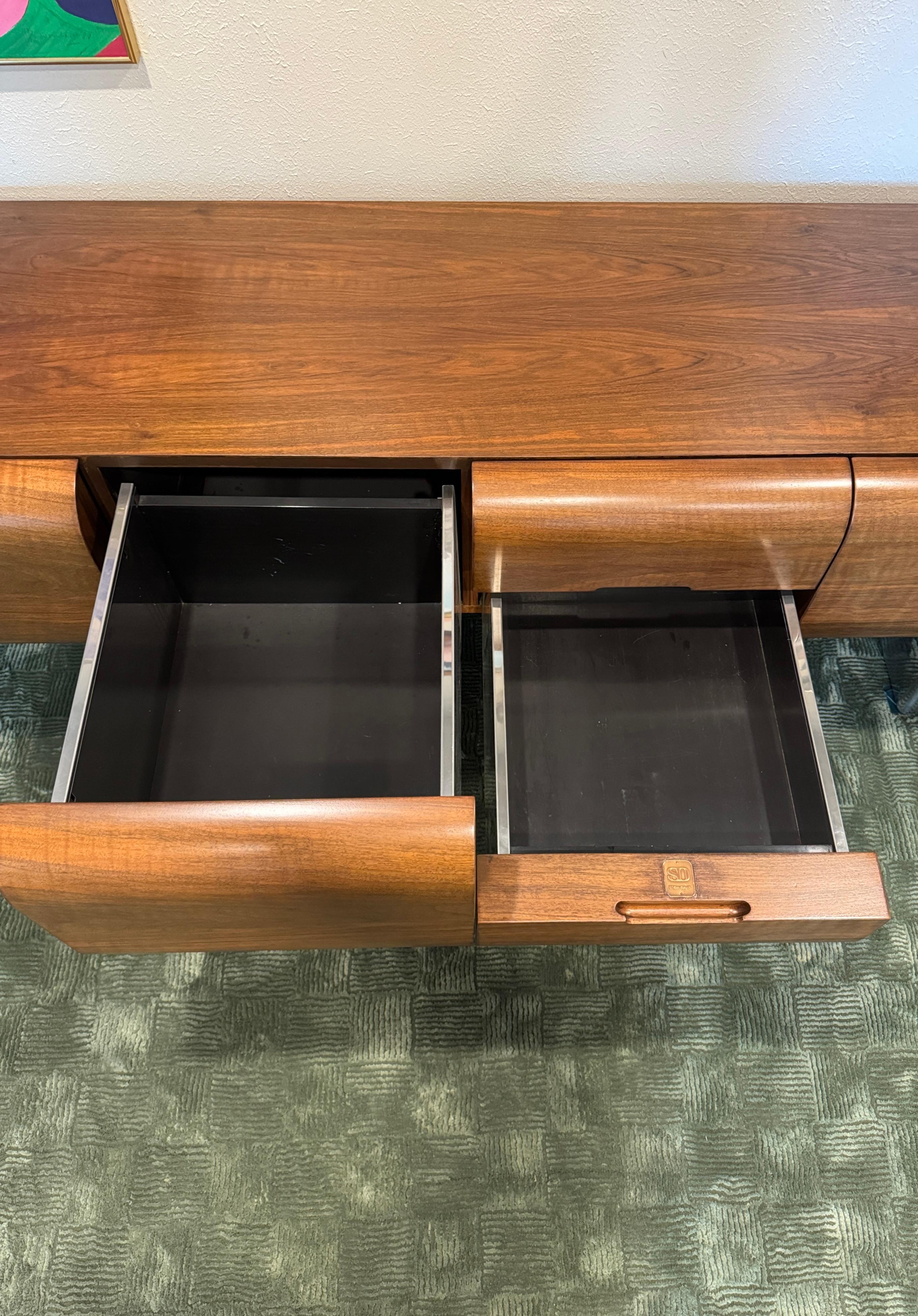 A rare chrome and walnut executive credenza by M.F. Harty for Stow Davis For Sale 3