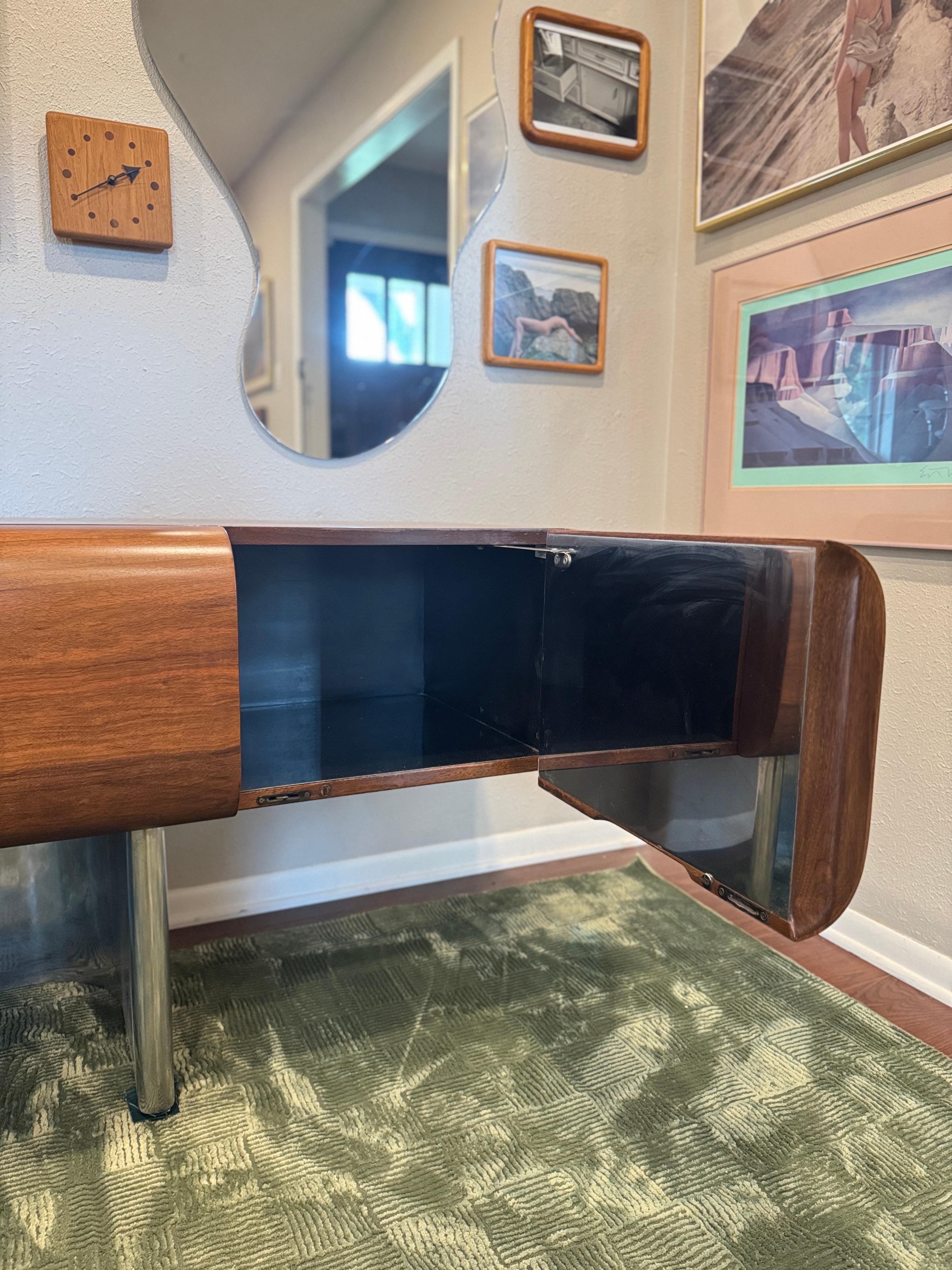 A rare chrome and walnut executive credenza by M.F. Harty for Stow Davis For Sale 4