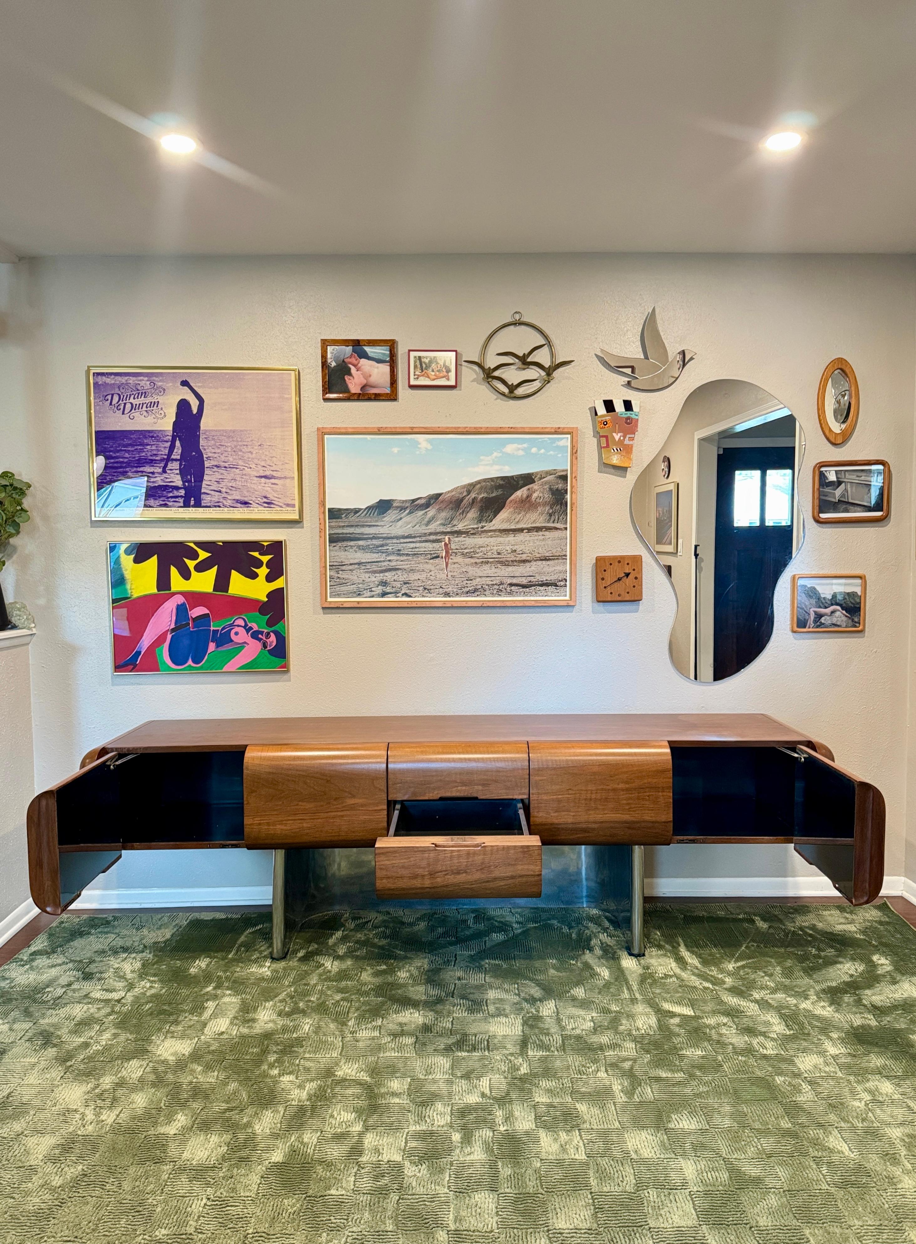 A rare chrome and walnut executive credenza by M.F. Harty for Stow Davis For Sale 5