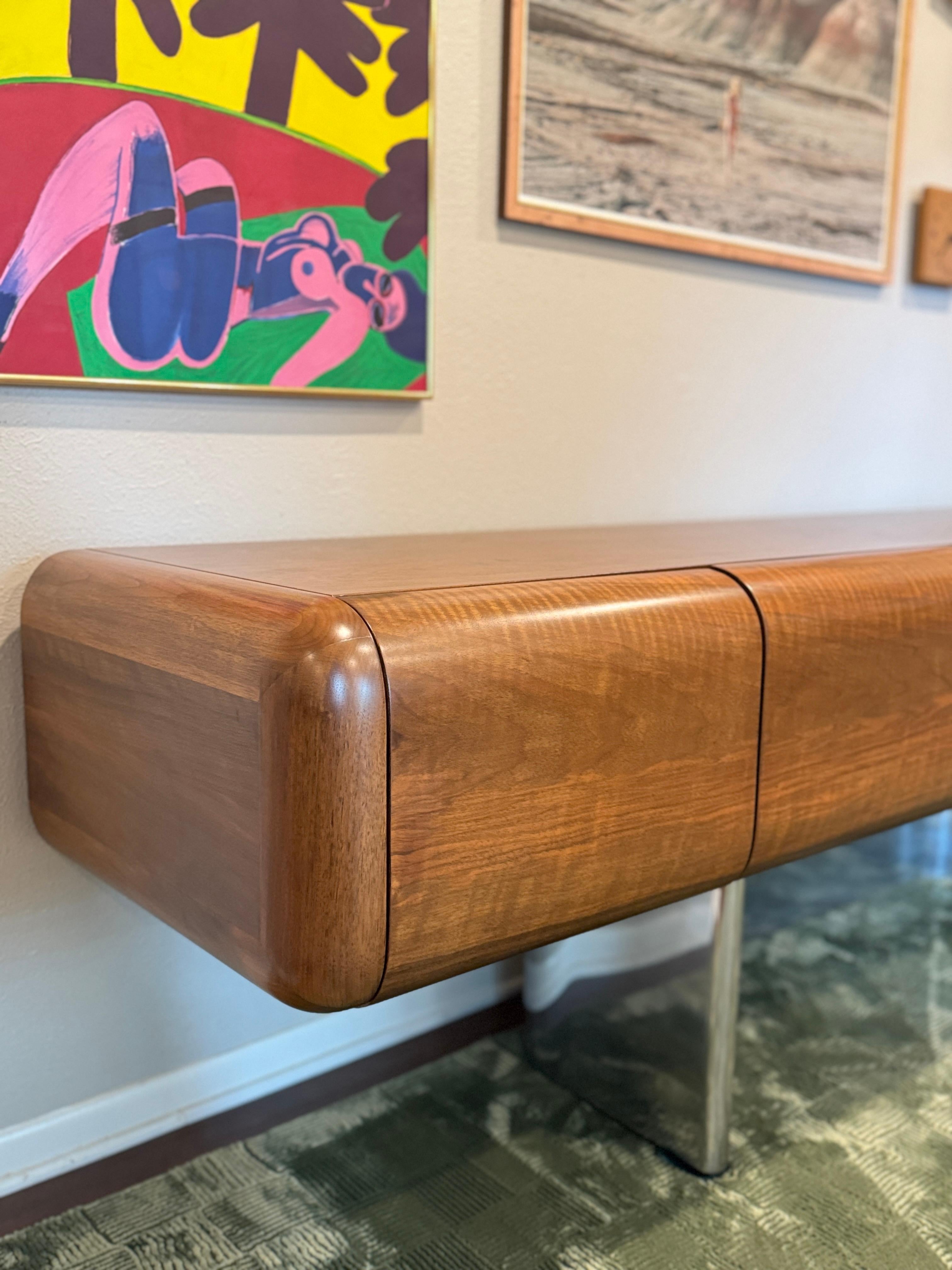 Veneer A rare chrome and walnut executive credenza by M.F. Harty for Stow Davis For Sale