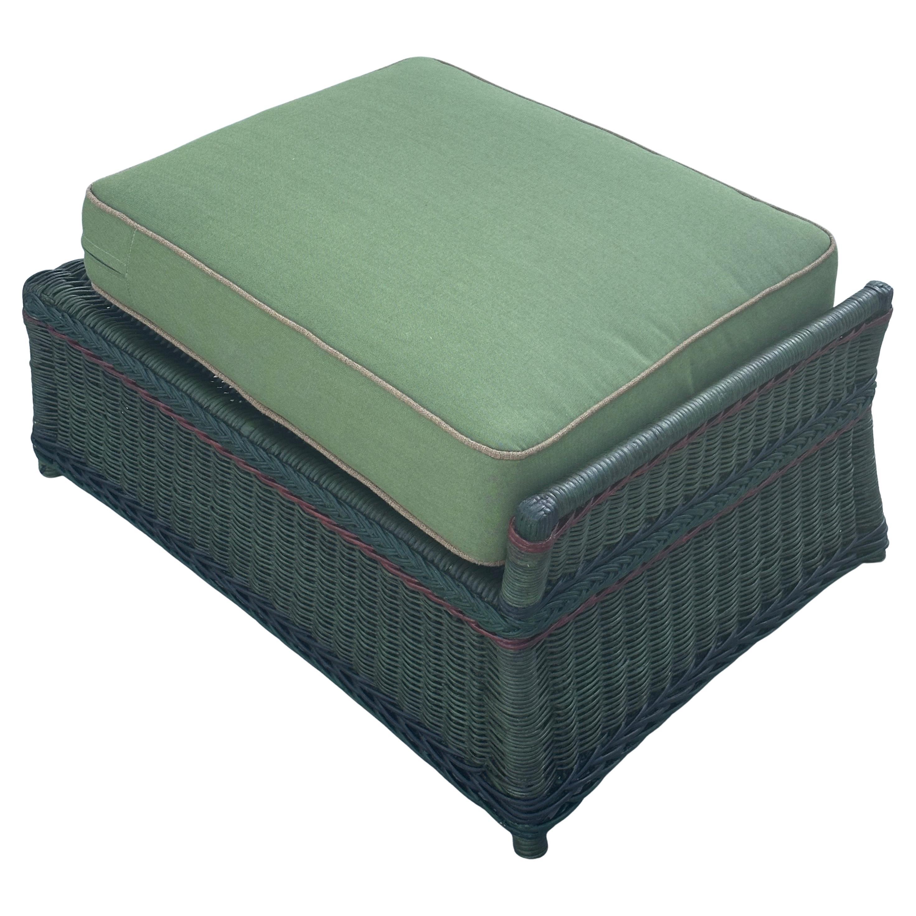 A Rare Close Woven Wicker Ottoman in Green Finish with Black and Reddish Trim For Sale