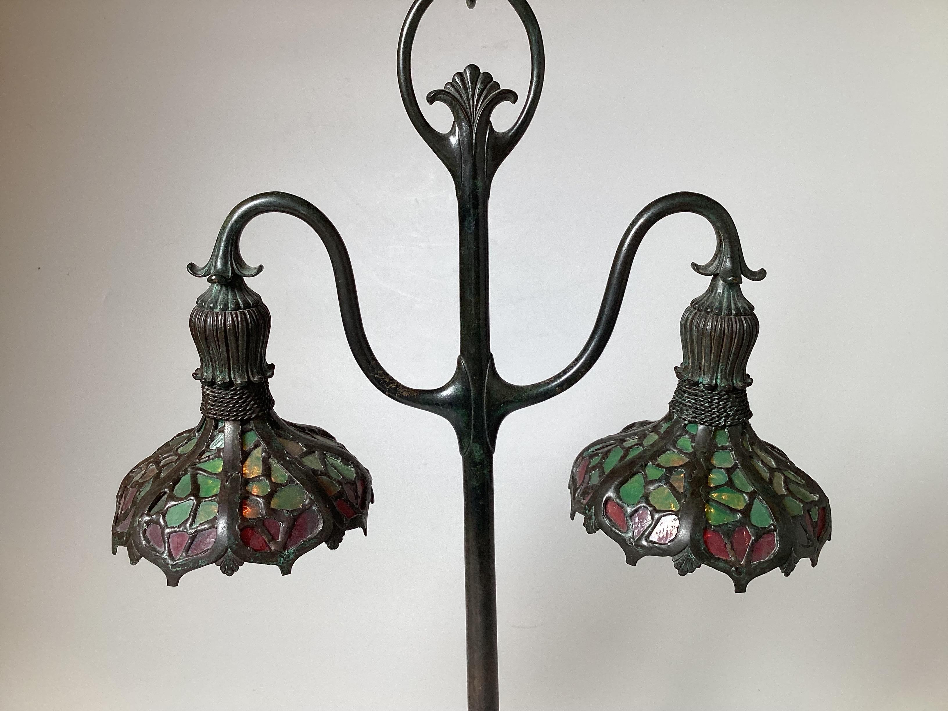 Art Nouveau Rare Double Student Lamp in Bronze, Retributed to Bigelow and Kennard For Sale