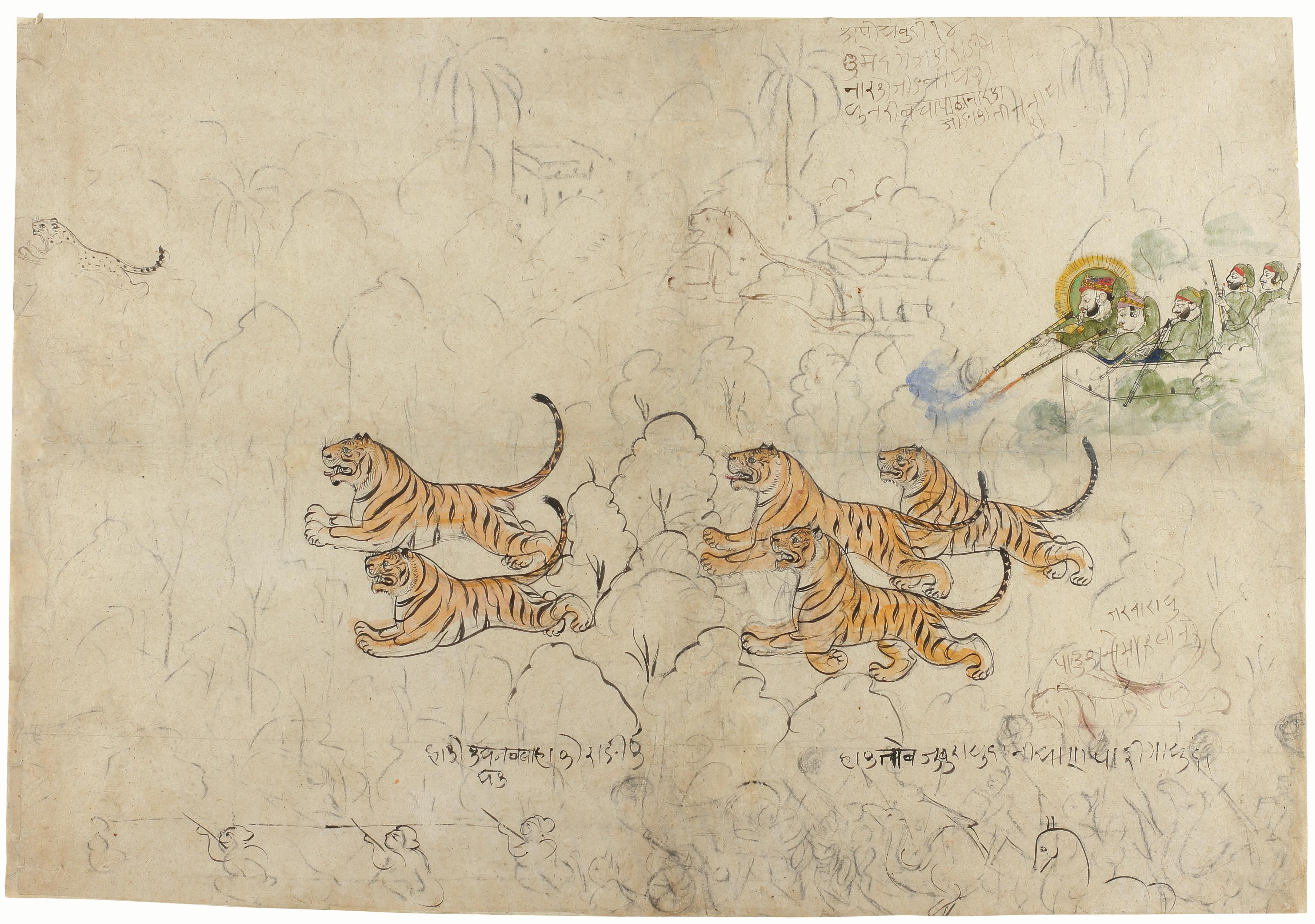 A Rare Drawing / Watercolour of Maharao Ram Singh of Kota and His Sons Hunting with numerous Rajasthani inscriptions 
Paper, Watercolour, Pencil 
India
Late 18th Century - Early 19th Century 

SIZE: 49cm high, 71cm wide - 19⅓ ins high, 28 ins wide