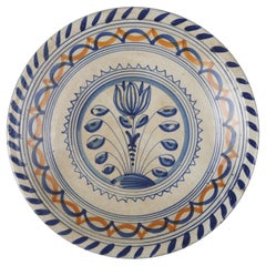 Rare Dutch Majolica Plate with Tulip, Early 17th Century
