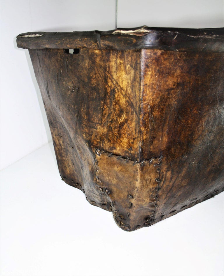 Rare Early 19th Century Huge Leather Mill Basket Primitive Log Fire