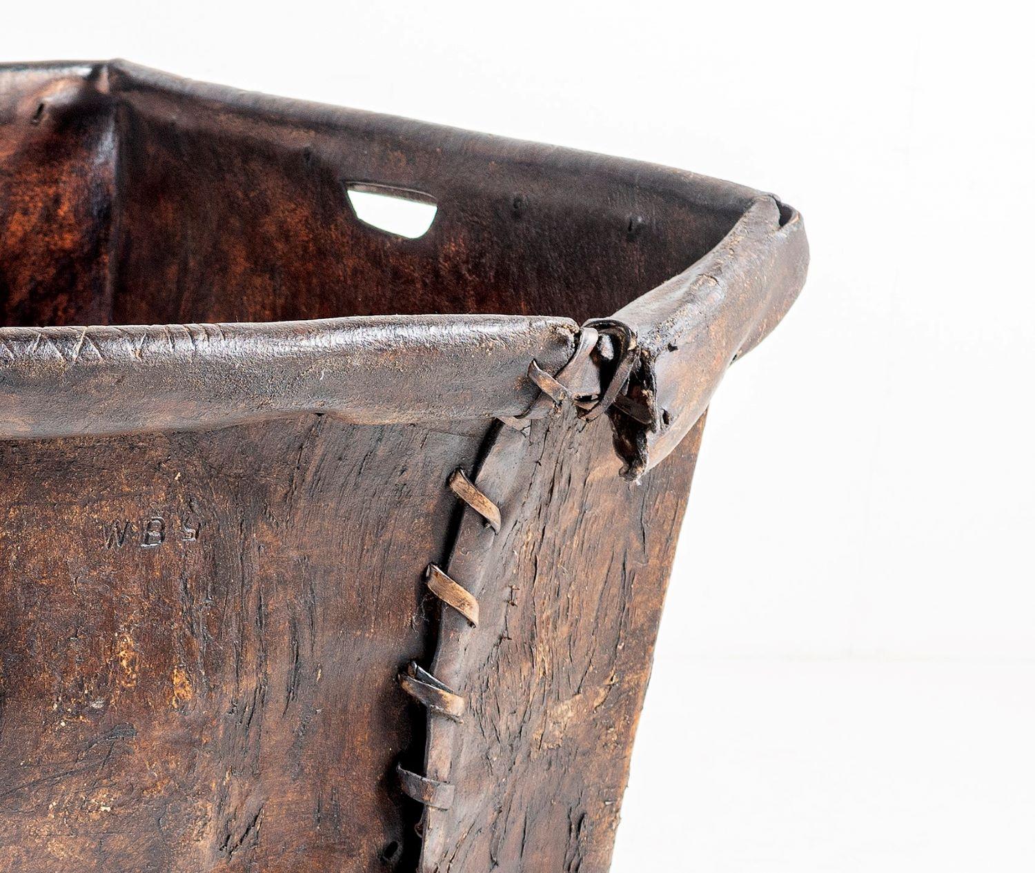 Hand-Crafted Rare Early 19th Century Huge Leather Mill Basket Primitive Log Fire Basket
