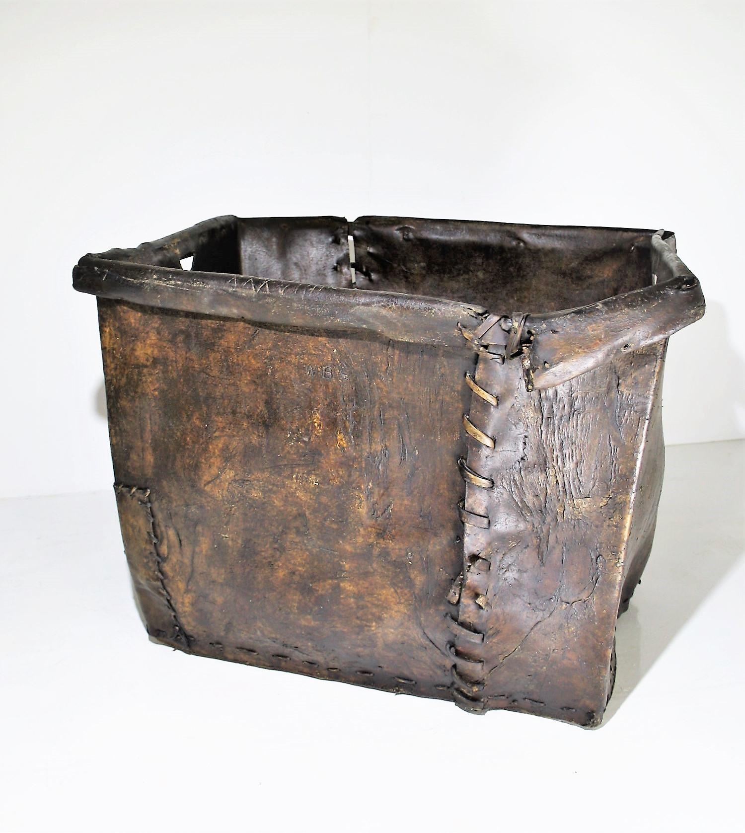 Rare Early 19th Century Huge Leather Mill Basket Primitive Log Fire Basket 1