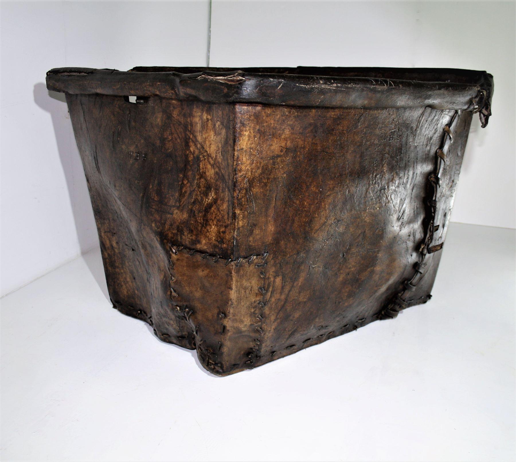 Rare Early 19th Century Huge Leather Mill Basket Primitive Log Fire Basket 3