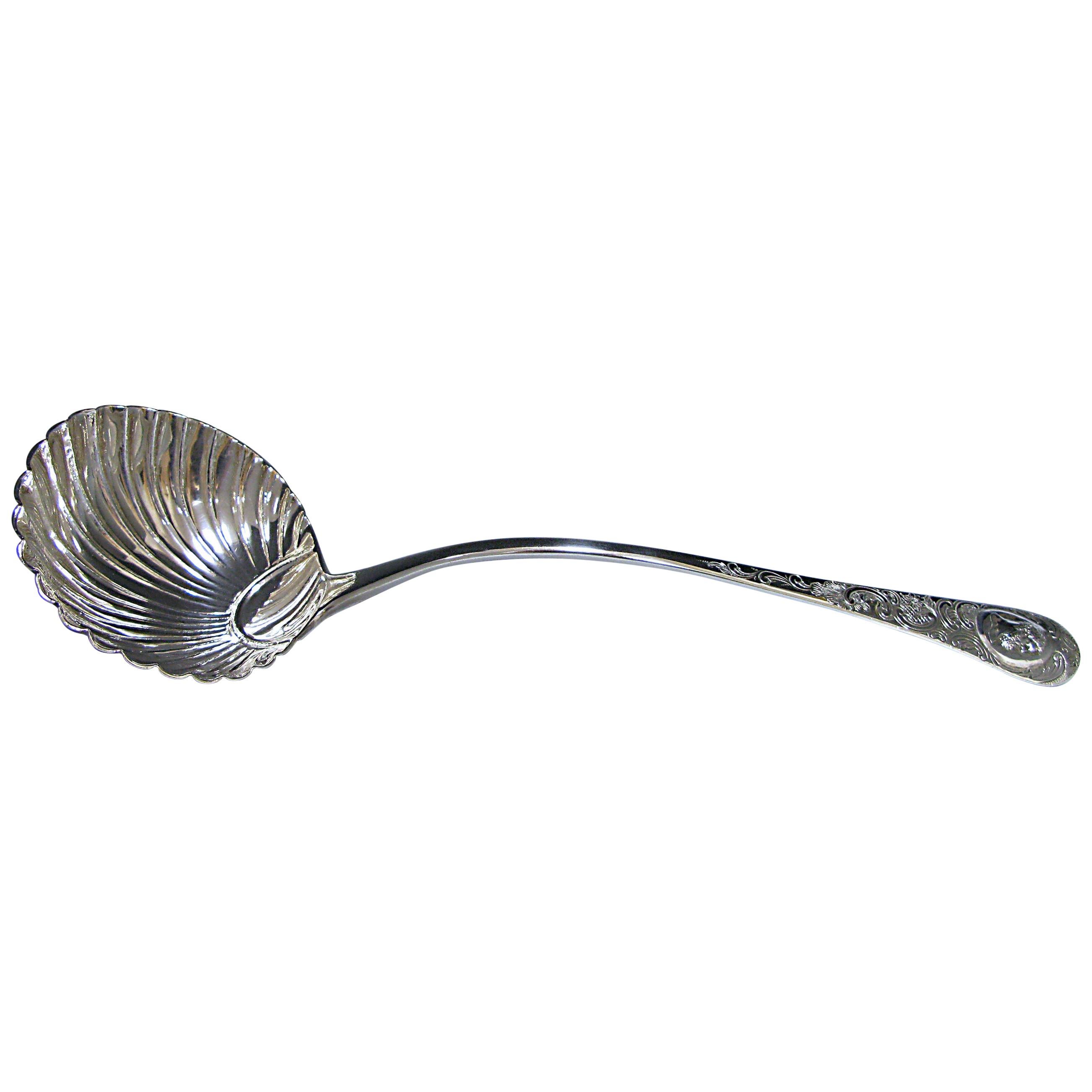 Rare Early George II Antique Silver Rococo Soup Ladle For Sale