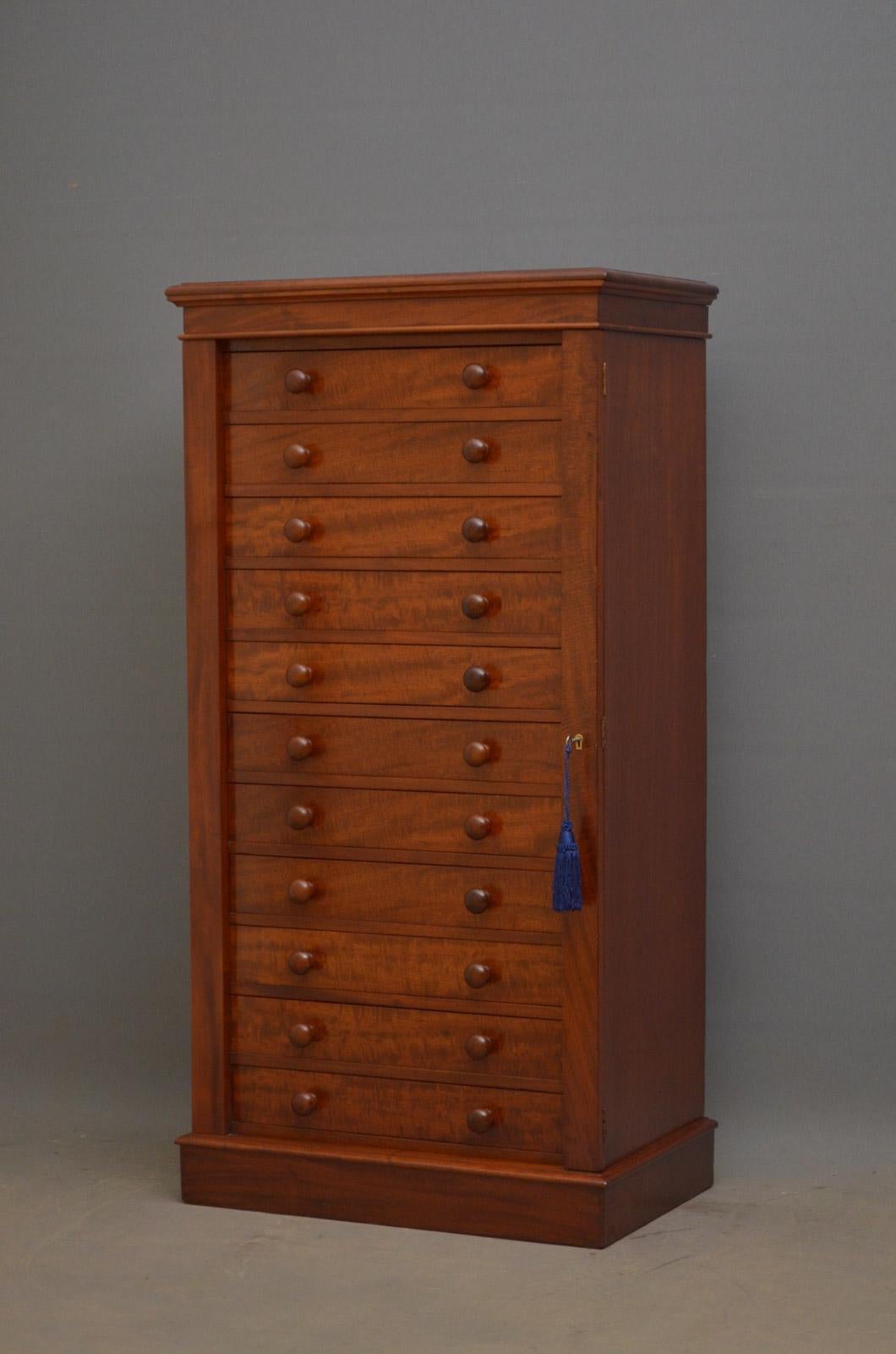 Sn4552 superb quality early Victorian collector's cabinet, having figured top with moulded top above 11 mahogany lined drawers, all fitted with original turned knobs and flanked by locking bard with original working lock and a key, standing on