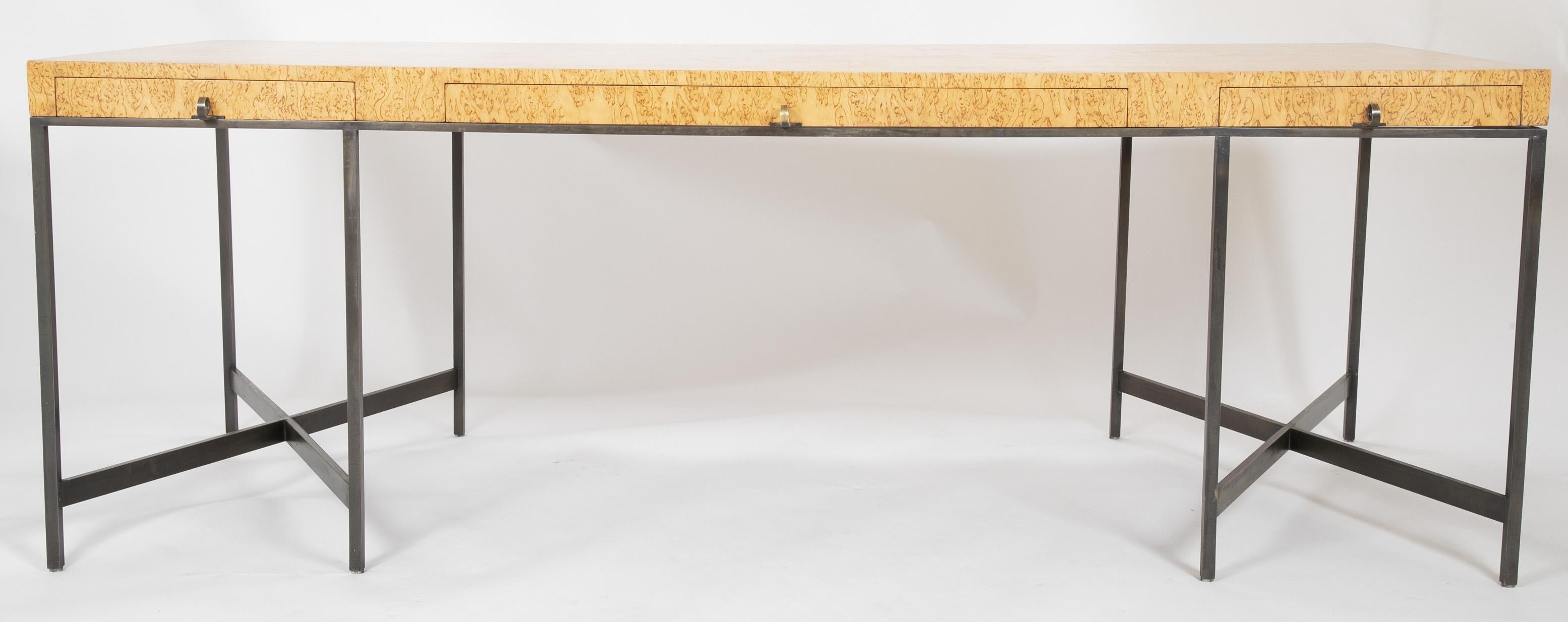 Mid-Century Modern Rare Karelian Birch Burl and Bronze Desk Attributed to Edward Wormley