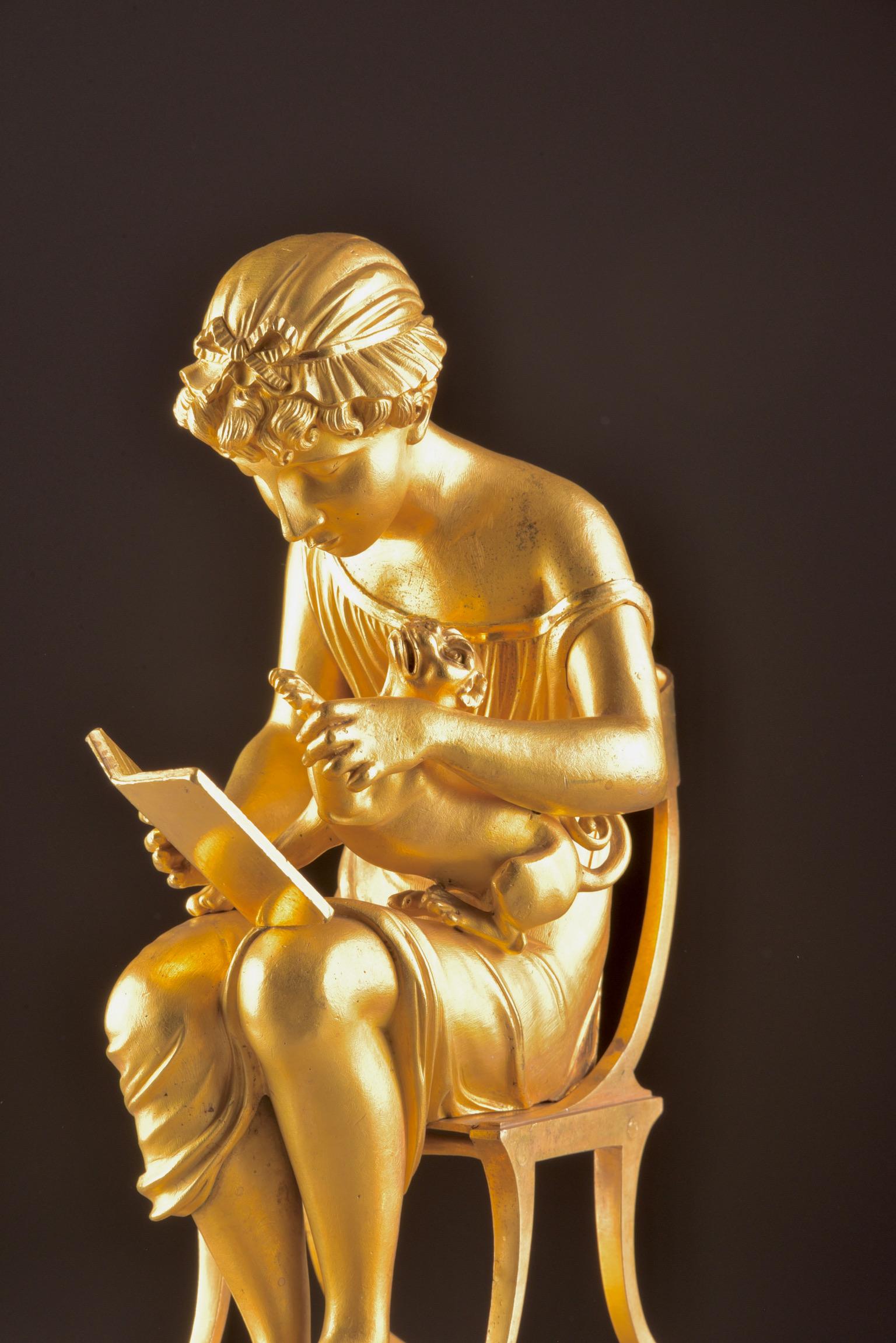 French Rare Empire Library Pendule, Reading Child, in the Style of Claude Galle For Sale