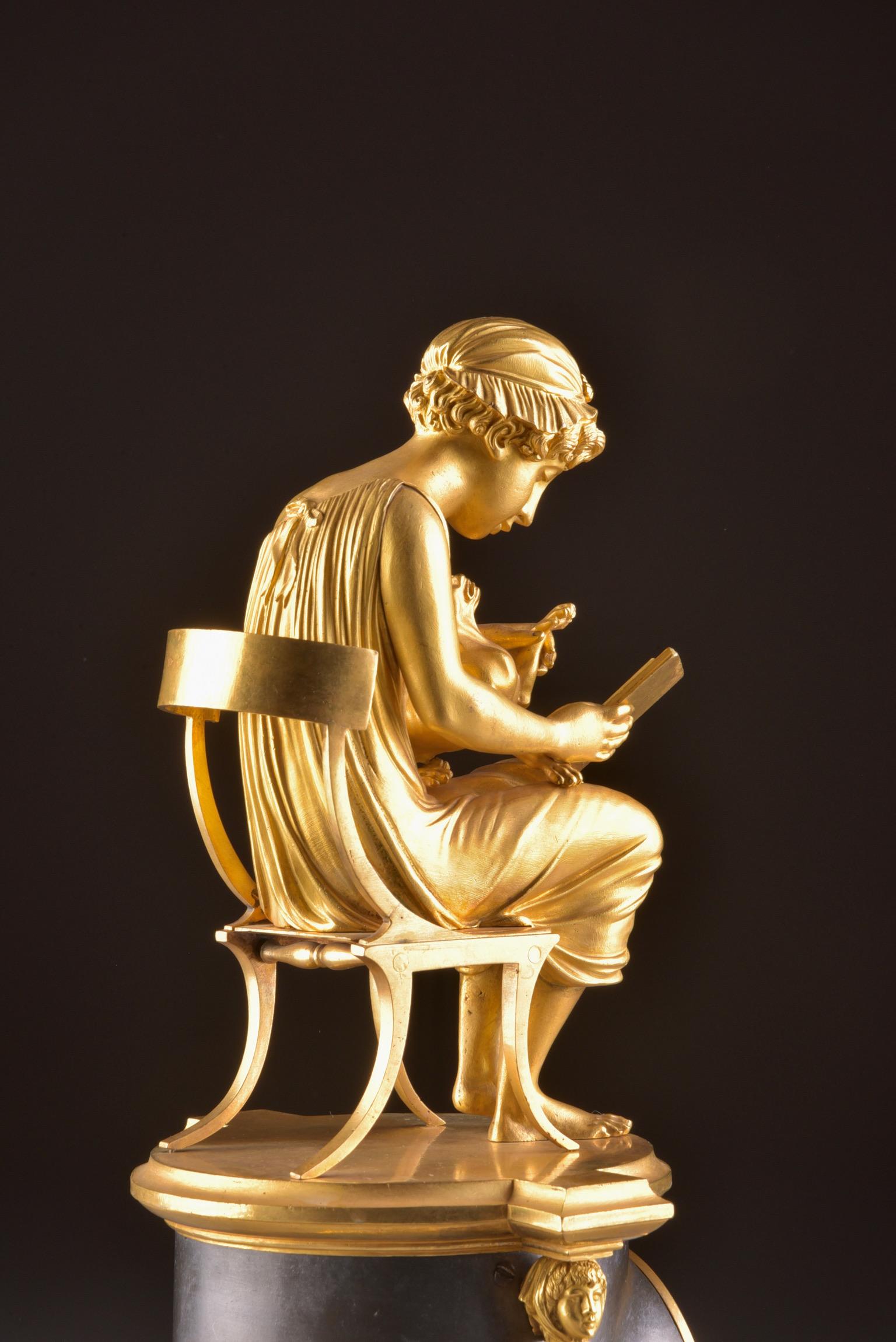Rare Empire Library Pendule, Reading Child, in the Style of Claude Galle In Good Condition For Sale In Ulestraten, Limburg