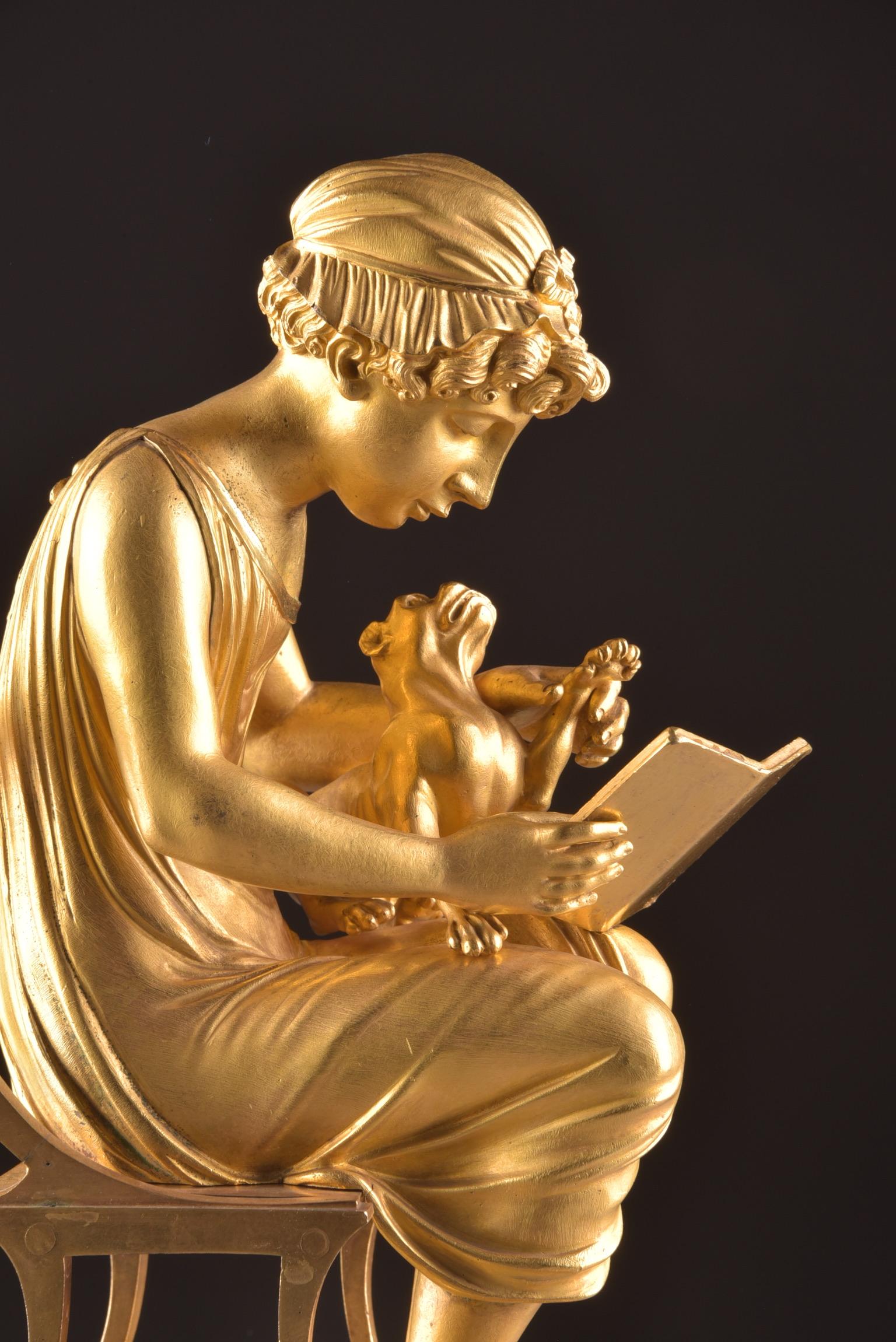 19th Century Rare Empire Library Pendule, Reading Child, in the Style of Claude Galle For Sale