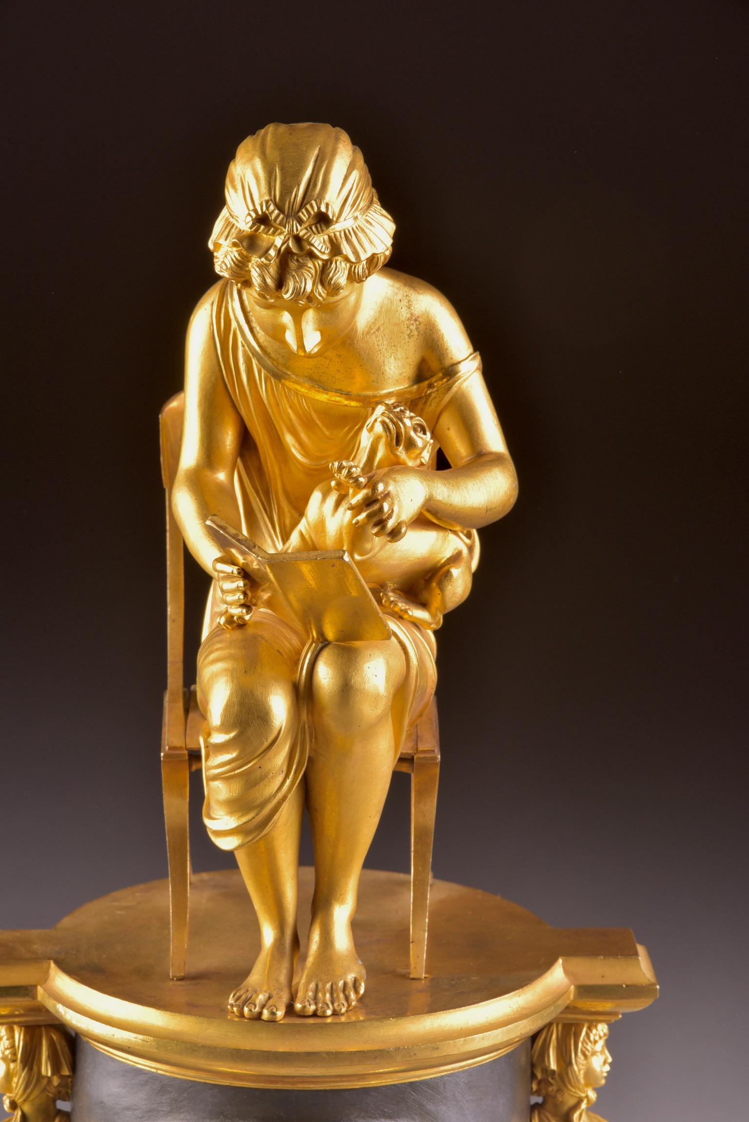 Bronze Rare Empire Library Pendule, Reading Child, in the Style of Claude Galle For Sale