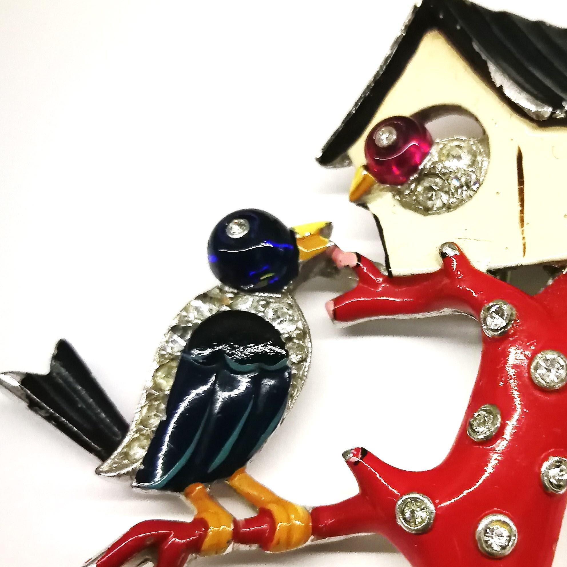 A beautifully crafted and highly sort after/collectable early piece from Trifari, an enchanting 'life in miniature', with two birds on a branch, with bird box. Cold enamelled and highlighted with pastes, it would be a great asset to any collection
