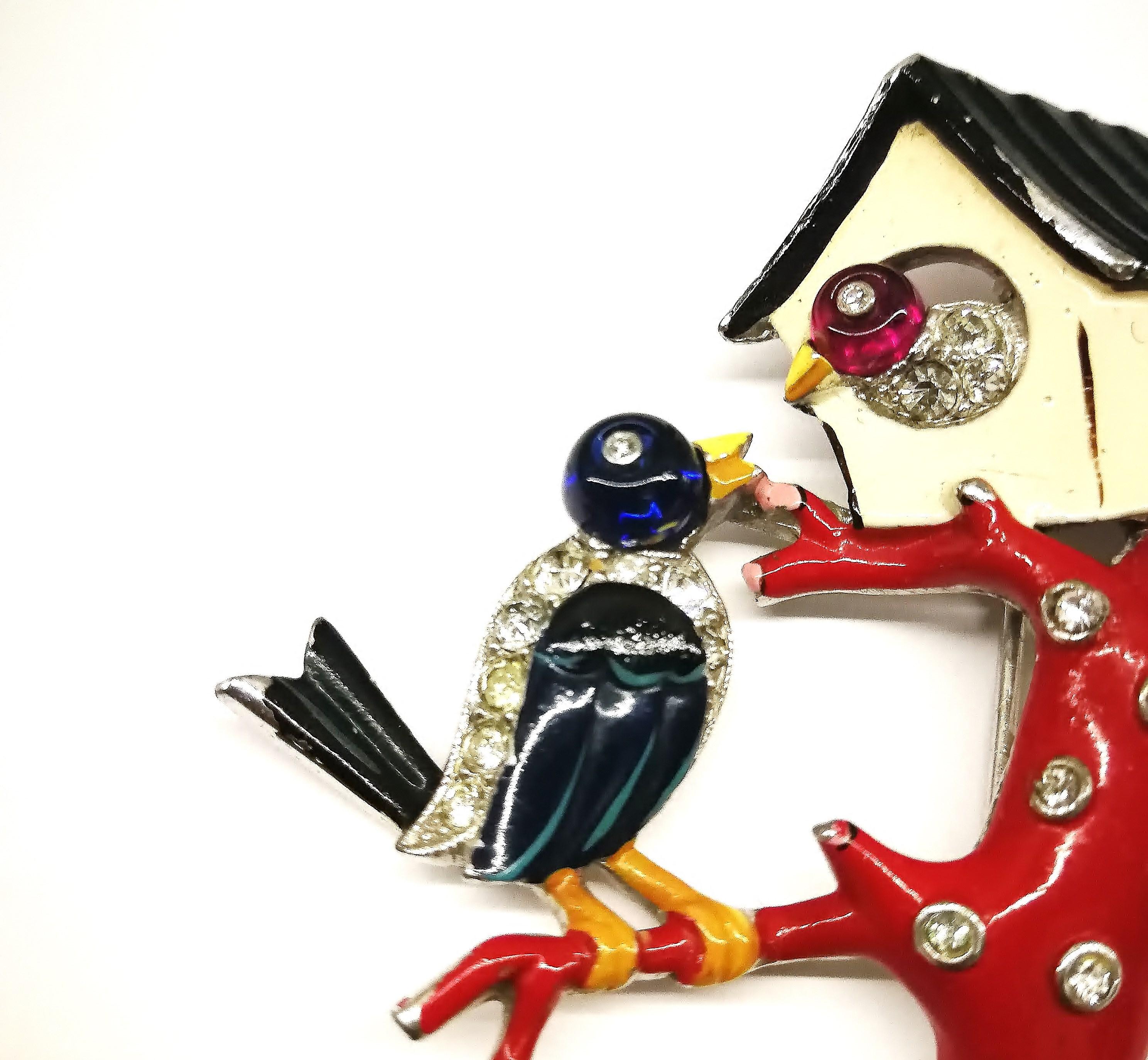 Women's or Men's A rare enamelled metal and paste 'Two Birds ' brooch, Trifari, USA, 1930s For Sale