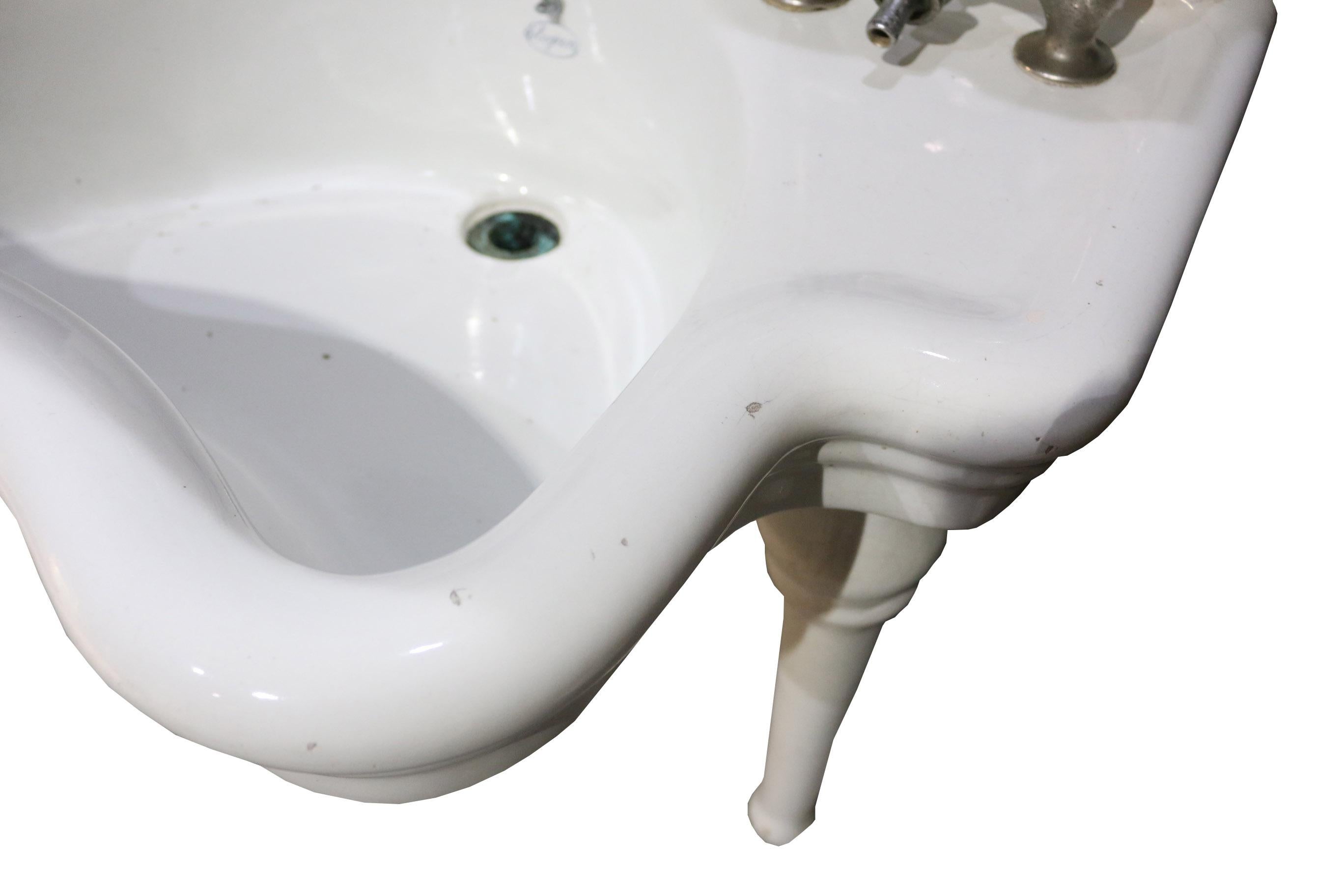 An antique Barber shop wash basin / sink by Elegan. Overall height 96 cm. We have two of these basins, reclaimed from a Barbers' shop in Cardiff. An antique Barber Shop wash basin or sink by Elegan. Overall height 96 cm. We have two of these basins,