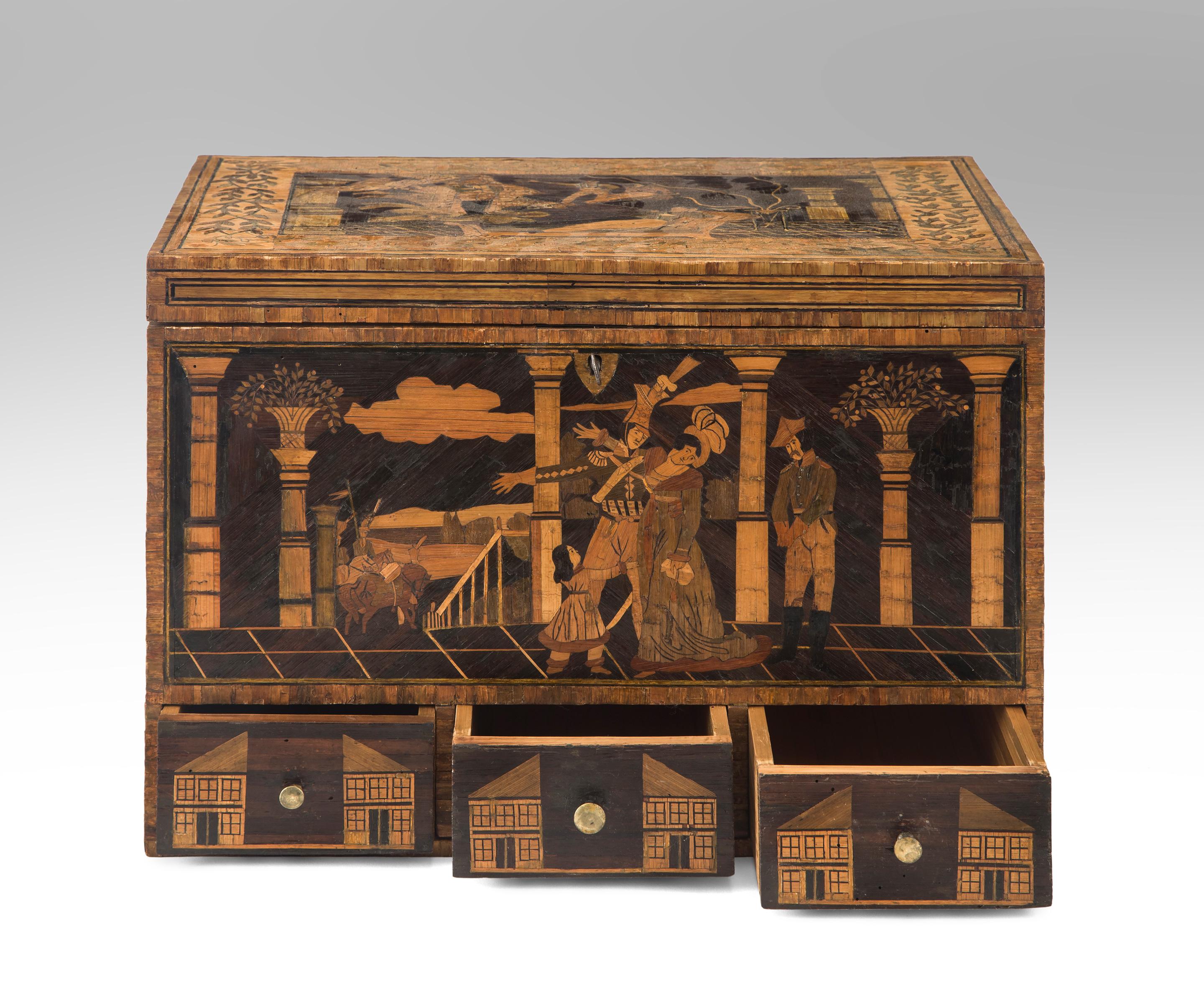 A rare exceptional French straw work box
Early 19th century
An exception box in both its depiction of romantic Napoleonic scenes, quality of execution and remarkable scale. We have seldom seen a straw work box of this size, it's a rarity.