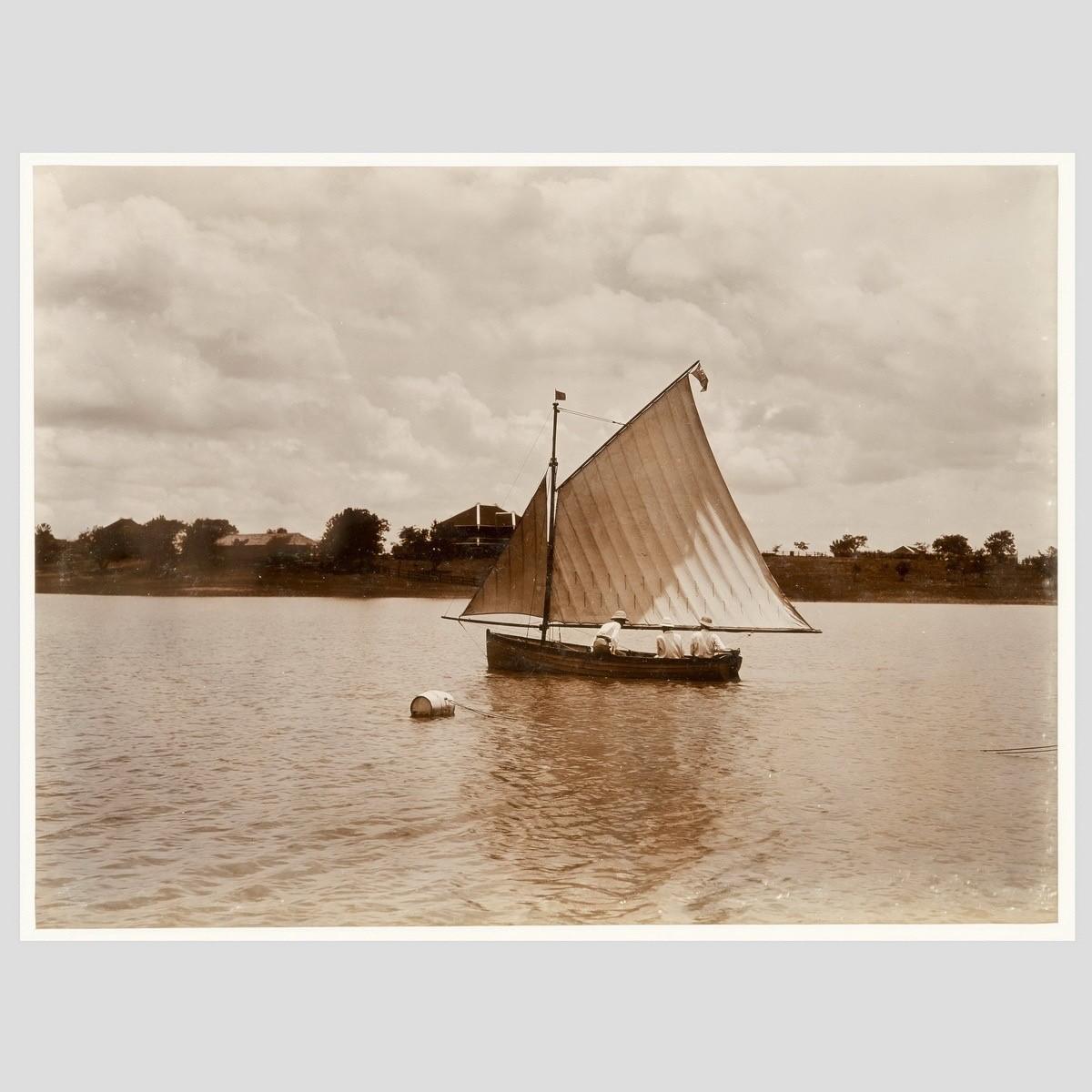 A rare framed Albumen print of a dinghy with 3 gentlemen sailing off the coast of Jamaica. Attributed to John Valentine,

circa 1910
Measures: 16 x 18 1/2”.
