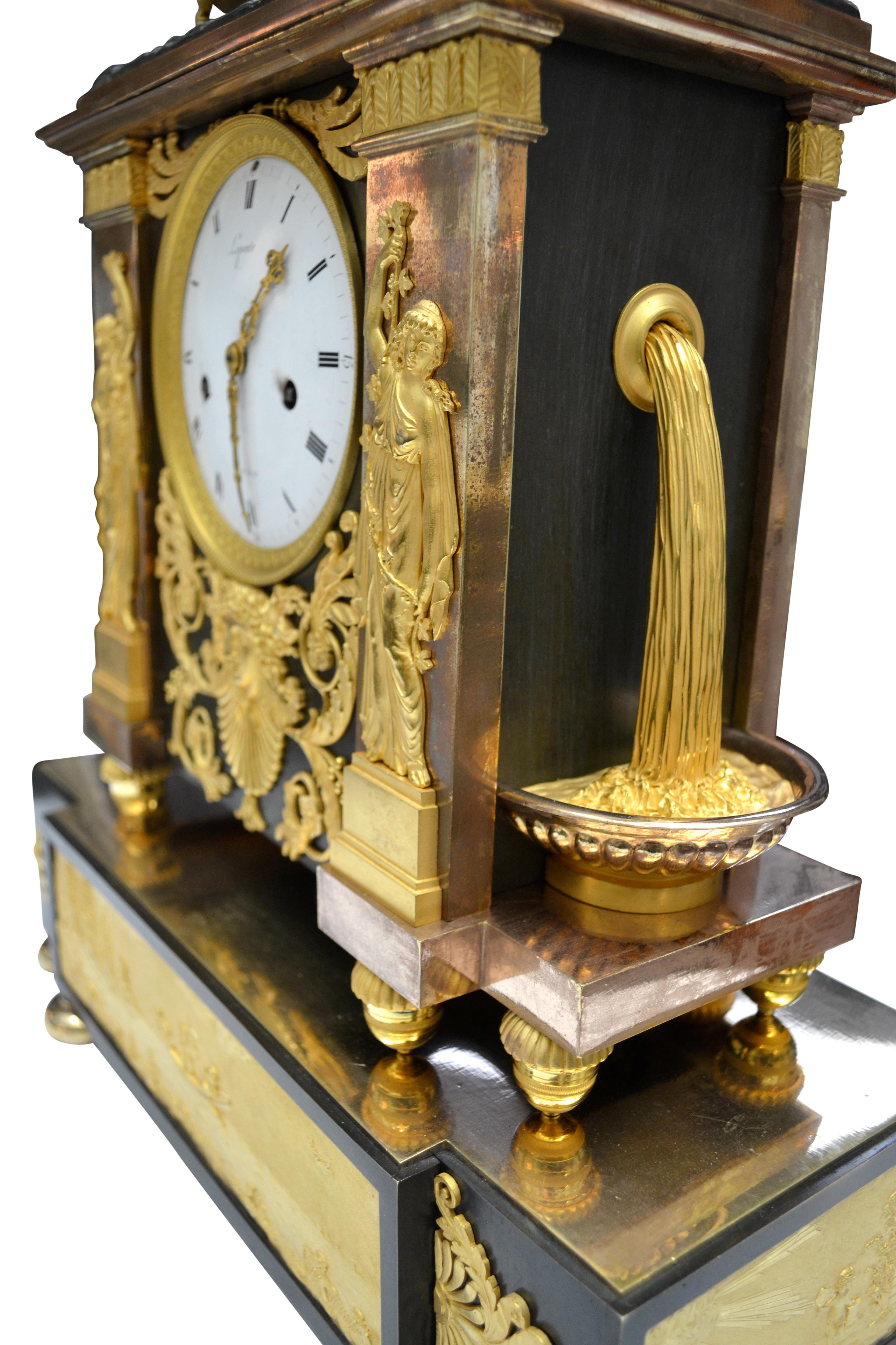 Rare French Empire Clock in Gilt and Patinated Bronze Signed Lepaute For Sale 6