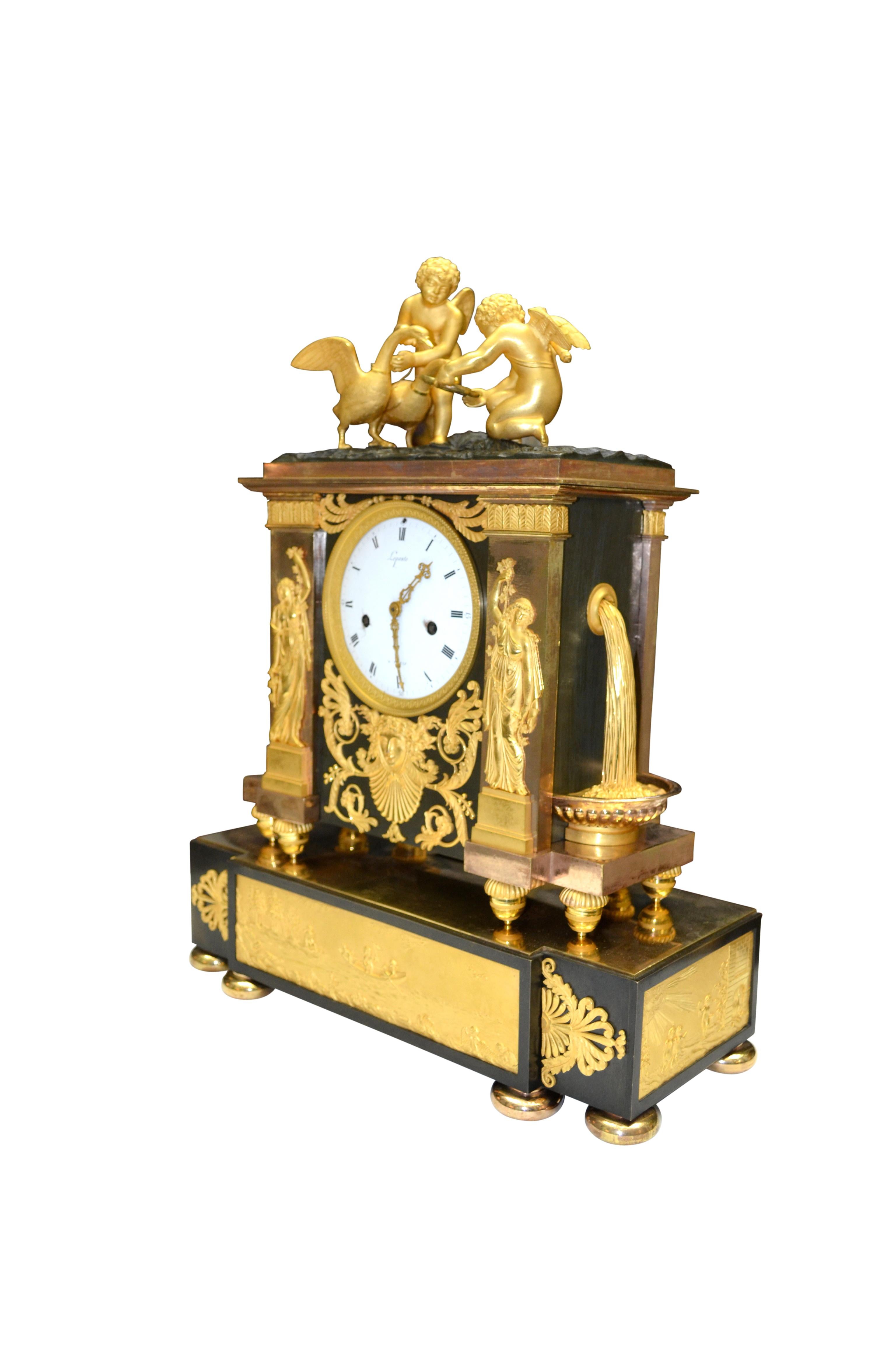 Rare French Empire Clock in Gilt and Patinated Bronze Signed Lepaute In Good Condition For Sale In Vancouver, British Columbia