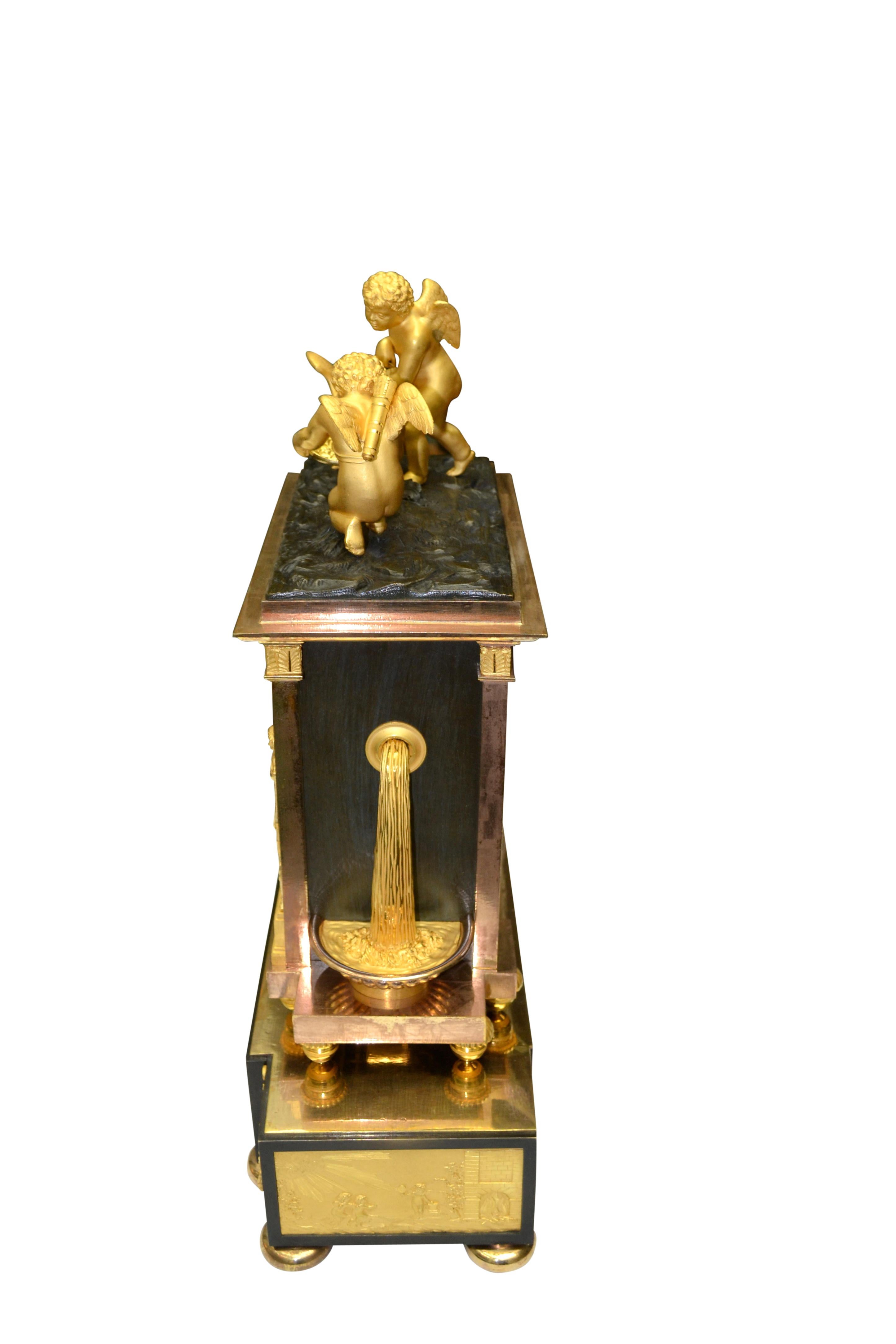 19th Century Rare French Empire Clock in Gilt and Patinated Bronze Signed Lepaute For Sale