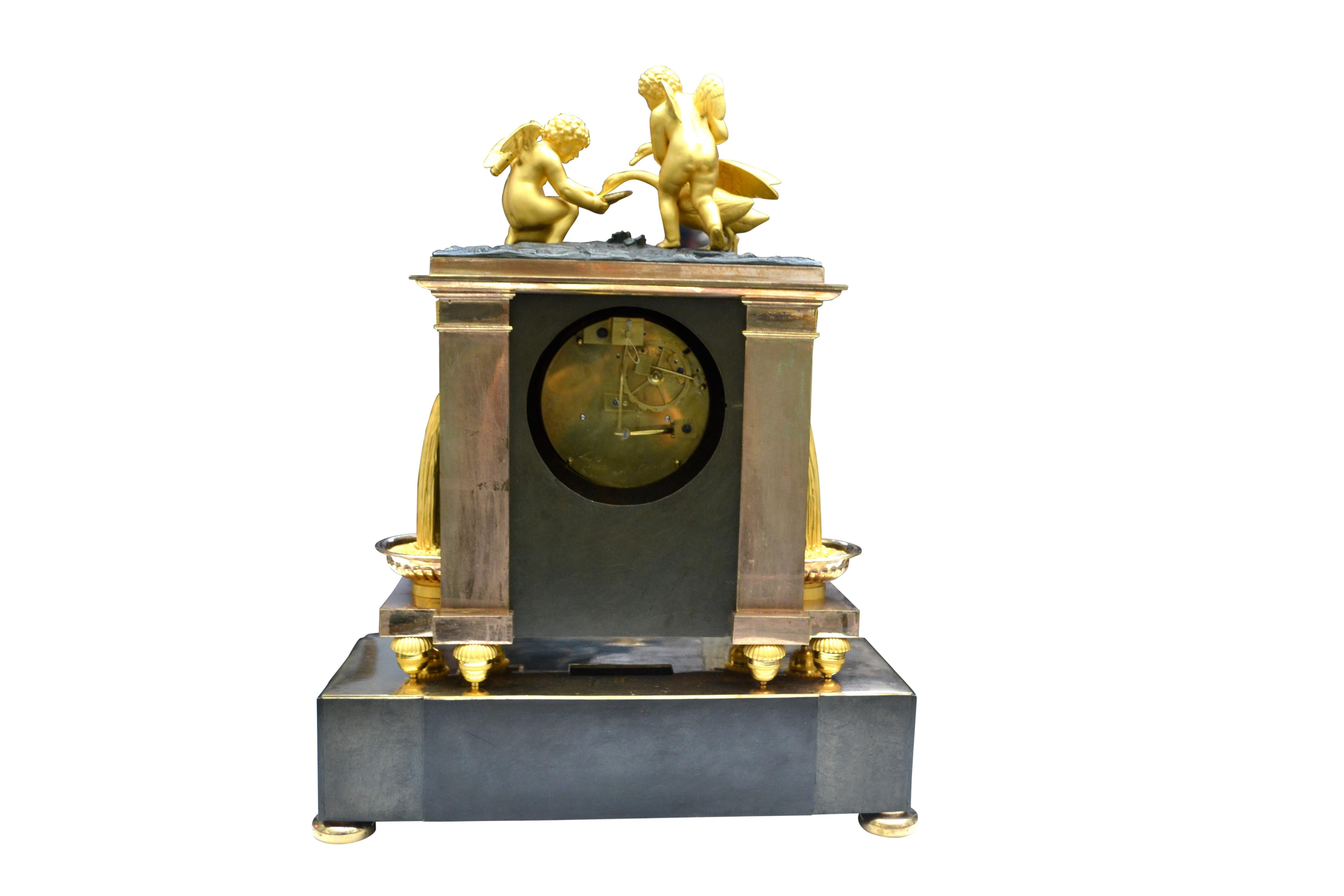 Rare French Empire Clock in Gilt and Patinated Bronze Signed Lepaute For Sale 1