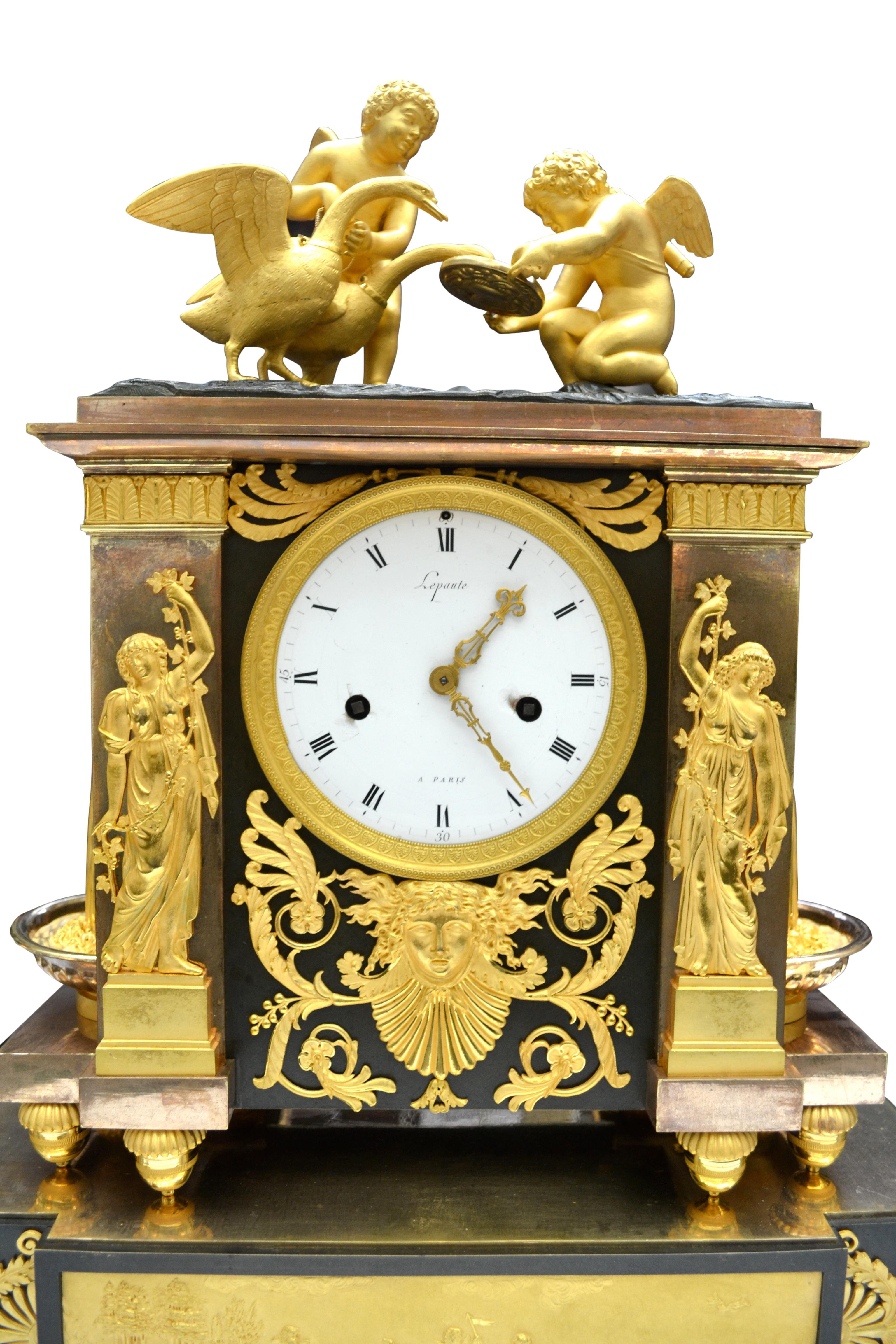 Rare French Empire Clock in Gilt and Patinated Bronze Signed Lepaute For Sale 2