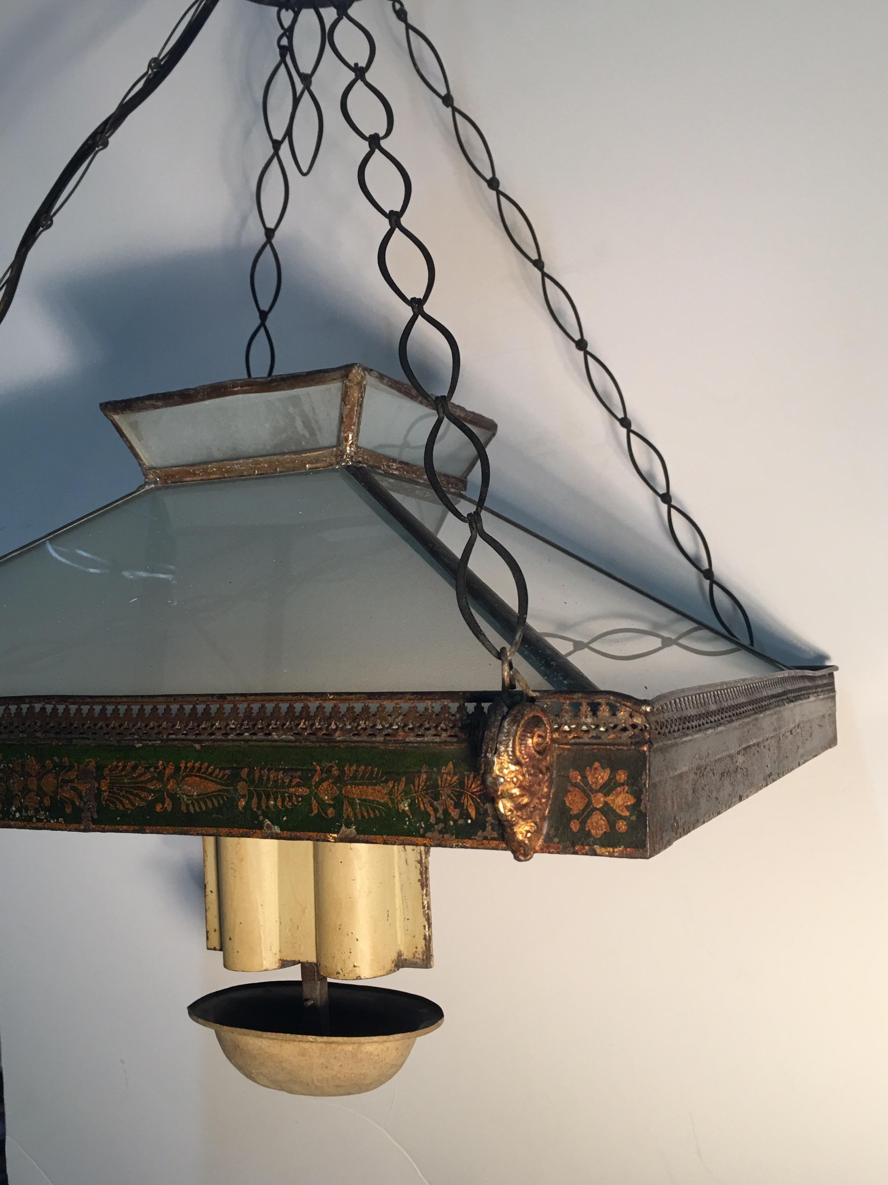 Rare French Empire Style Tole Chandelier with a Glass Shade In Fair Condition For Sale In Dallas, TX