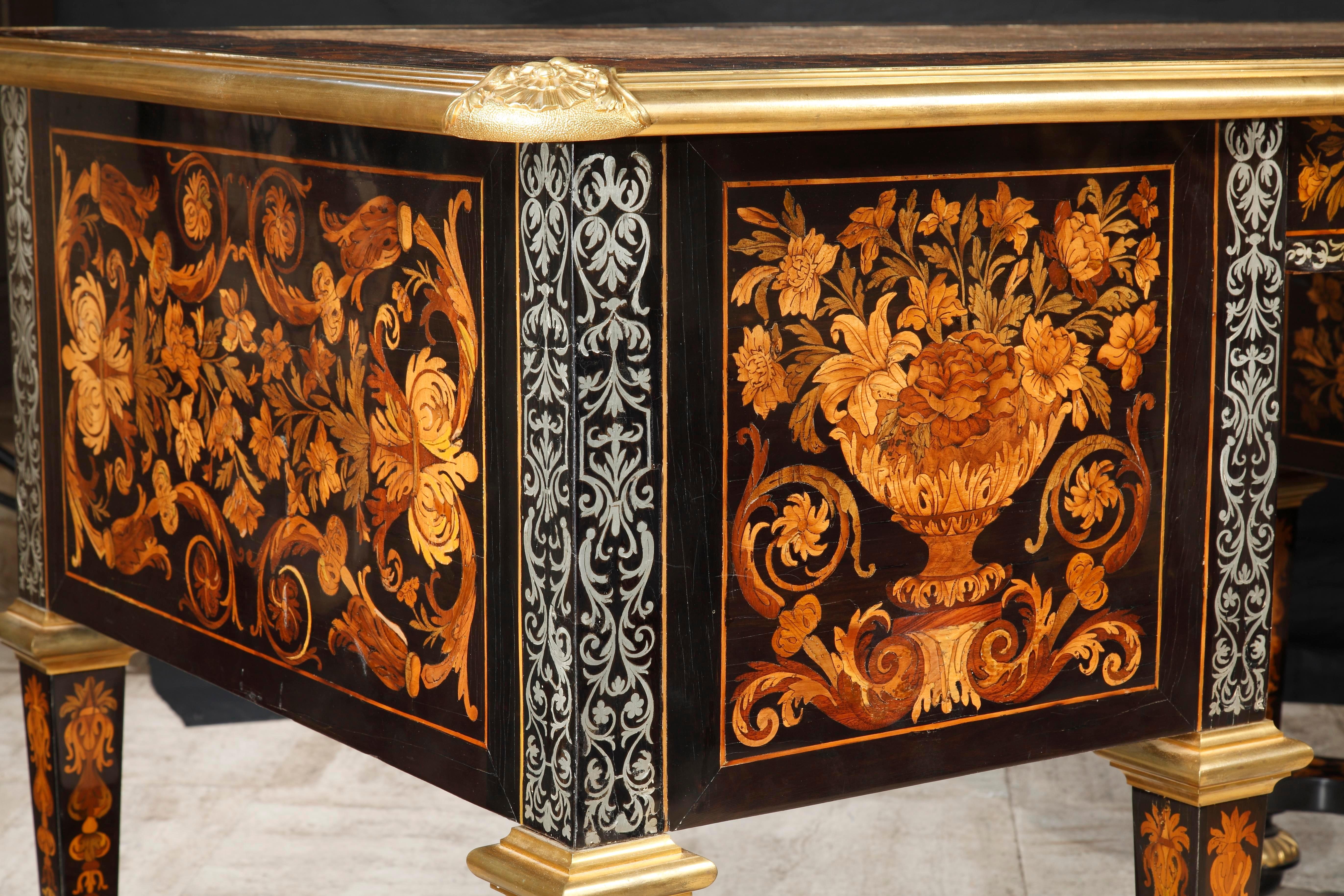 A rare French Louis XIV large pewter and fruitwood inlaid marquetry desk For Sale 11