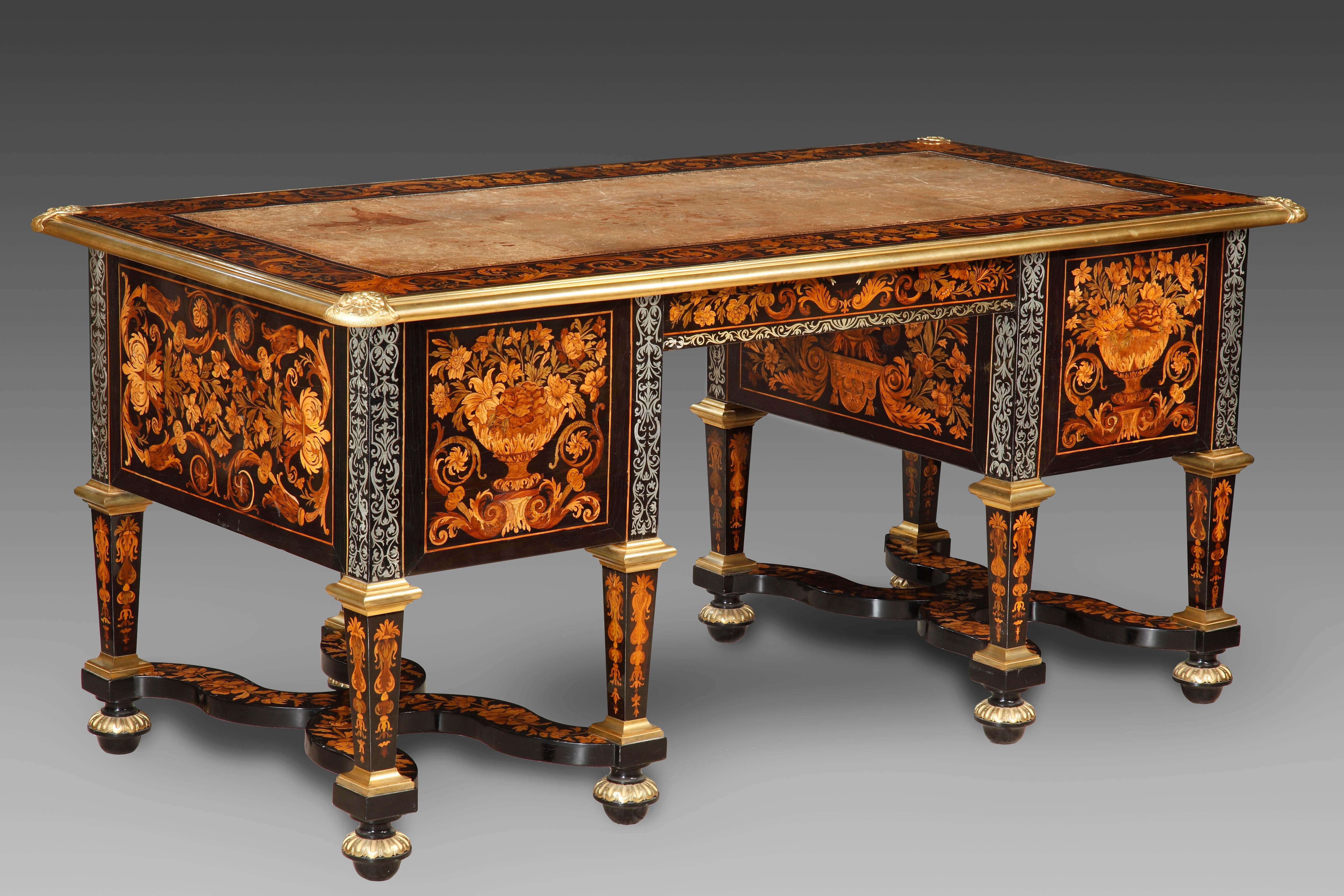 Inlay A rare French Louis XIV large pewter and fruitwood inlaid marquetry desk For Sale