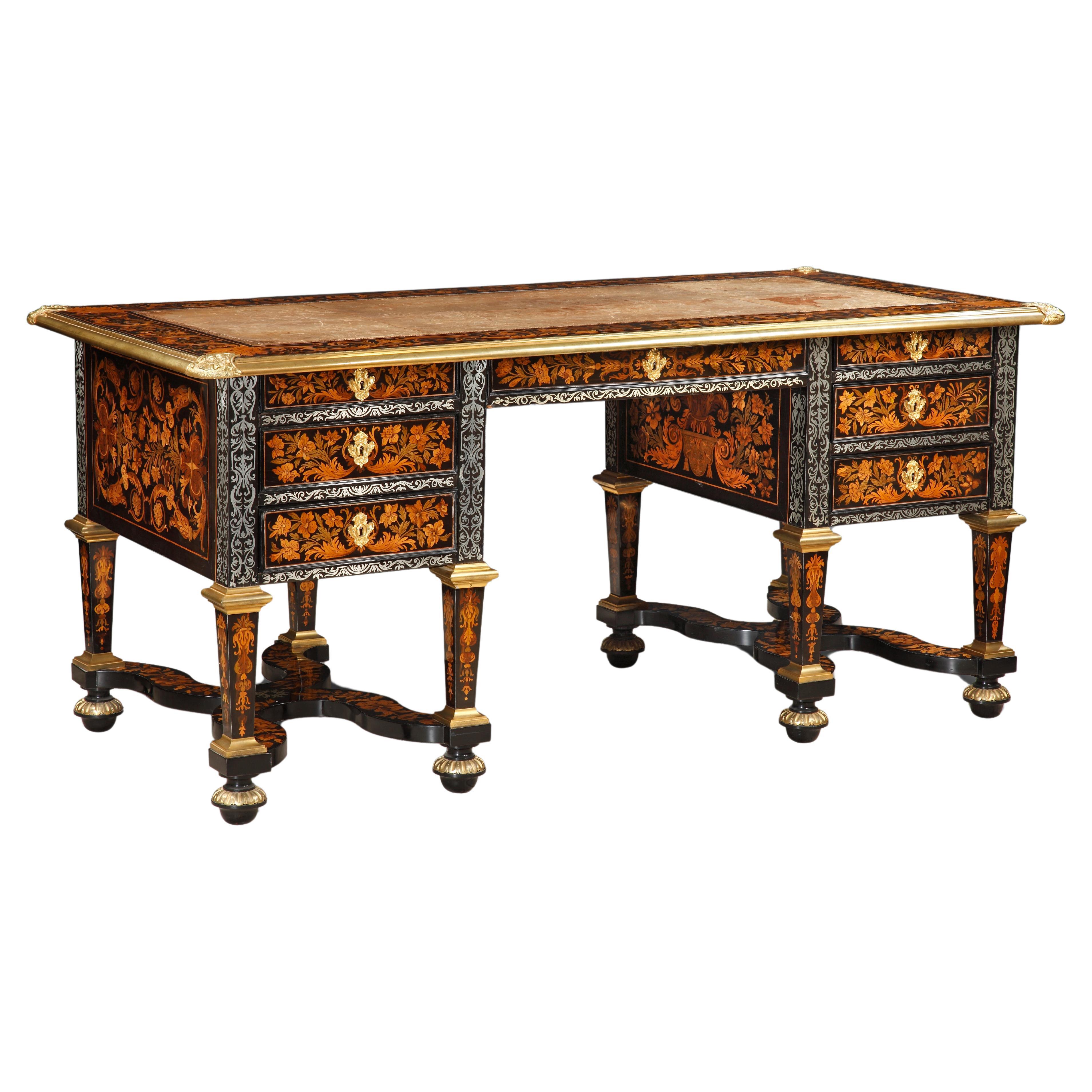 A rare French Louis XIV large pewter and fruitwood inlaid marquetry desk For Sale