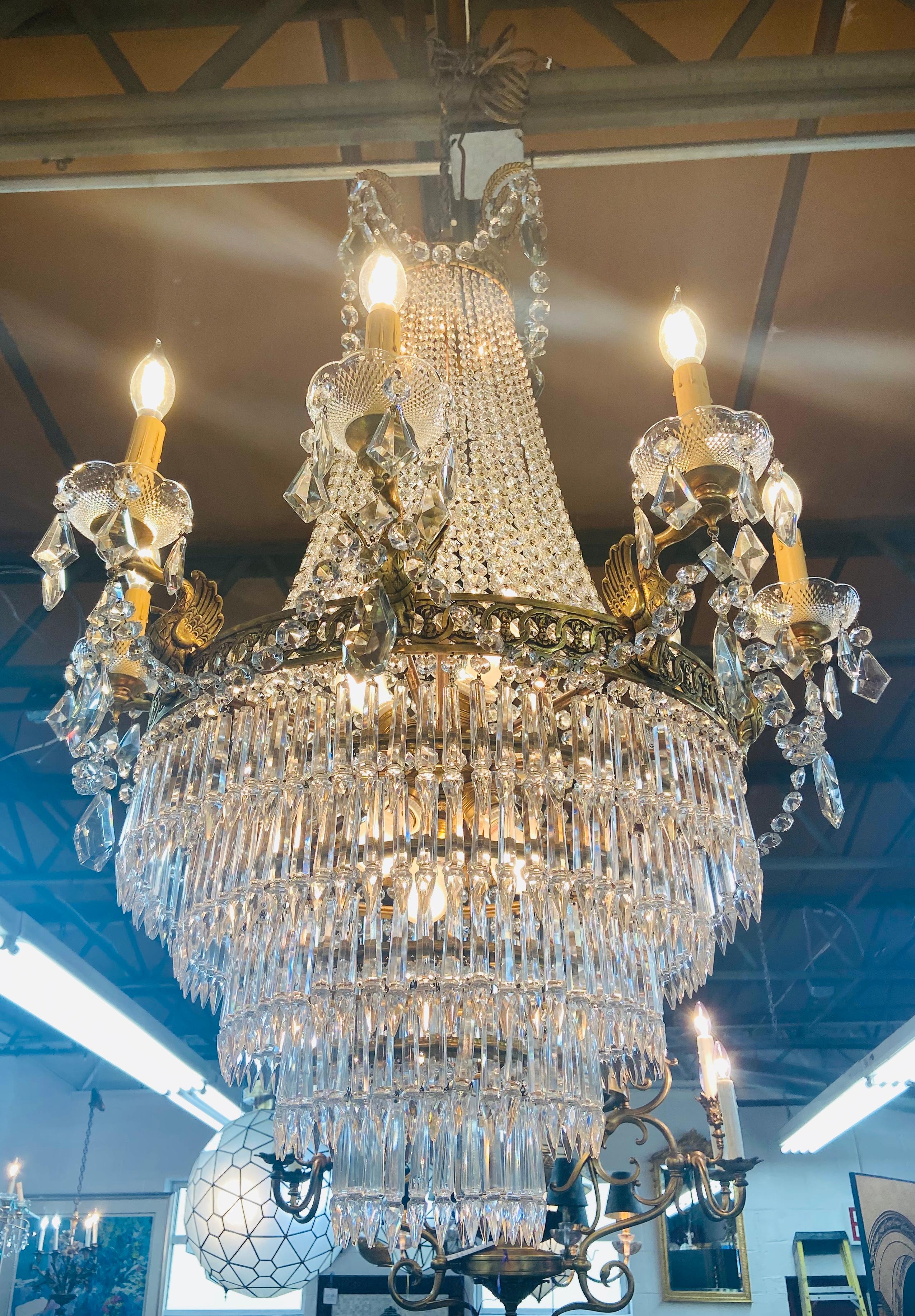 19th Century French Louis XVI Empire Style Bronze and Crystal Chandelier  1