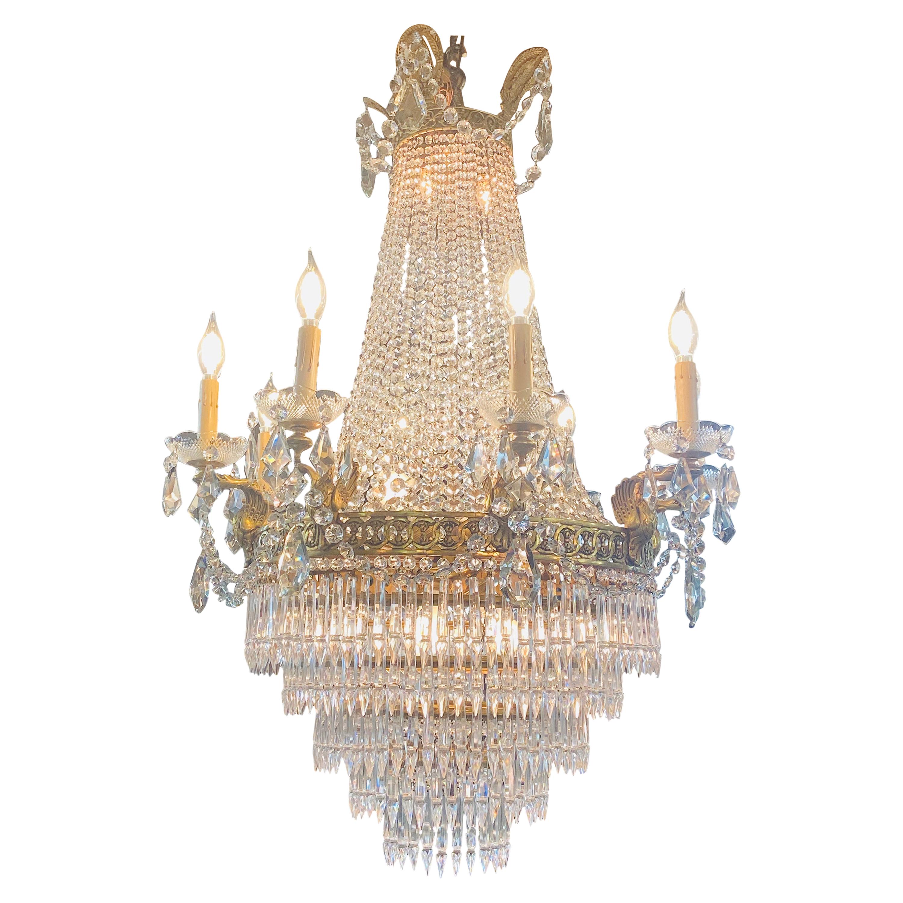 19th Century French Louis XVI Empire Style Bronze and Crystal Chandelier 