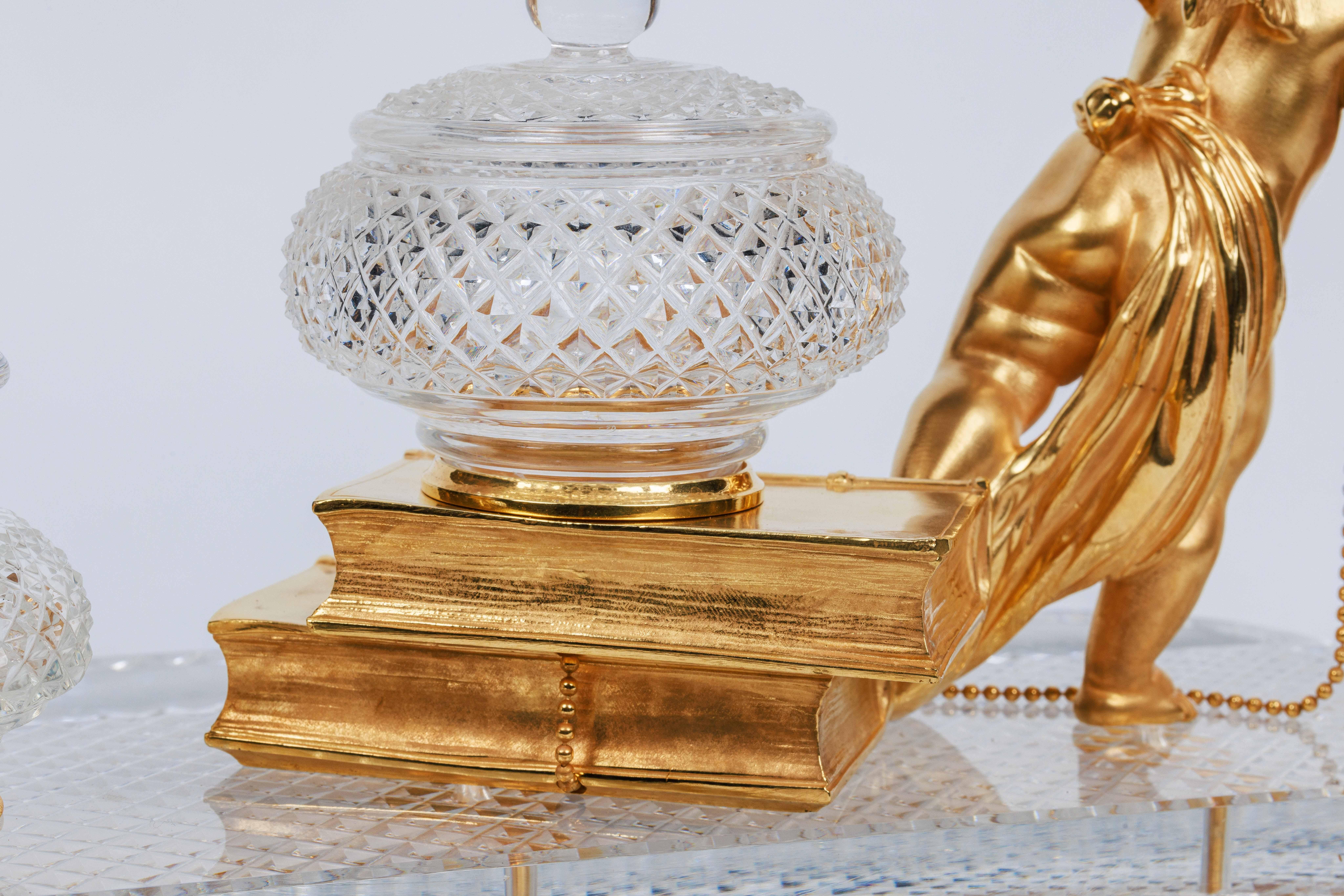 Rare French Ormolu and Diamond-Cut Crystal Figural Inkwell Encrier by Baccarat For Sale 7