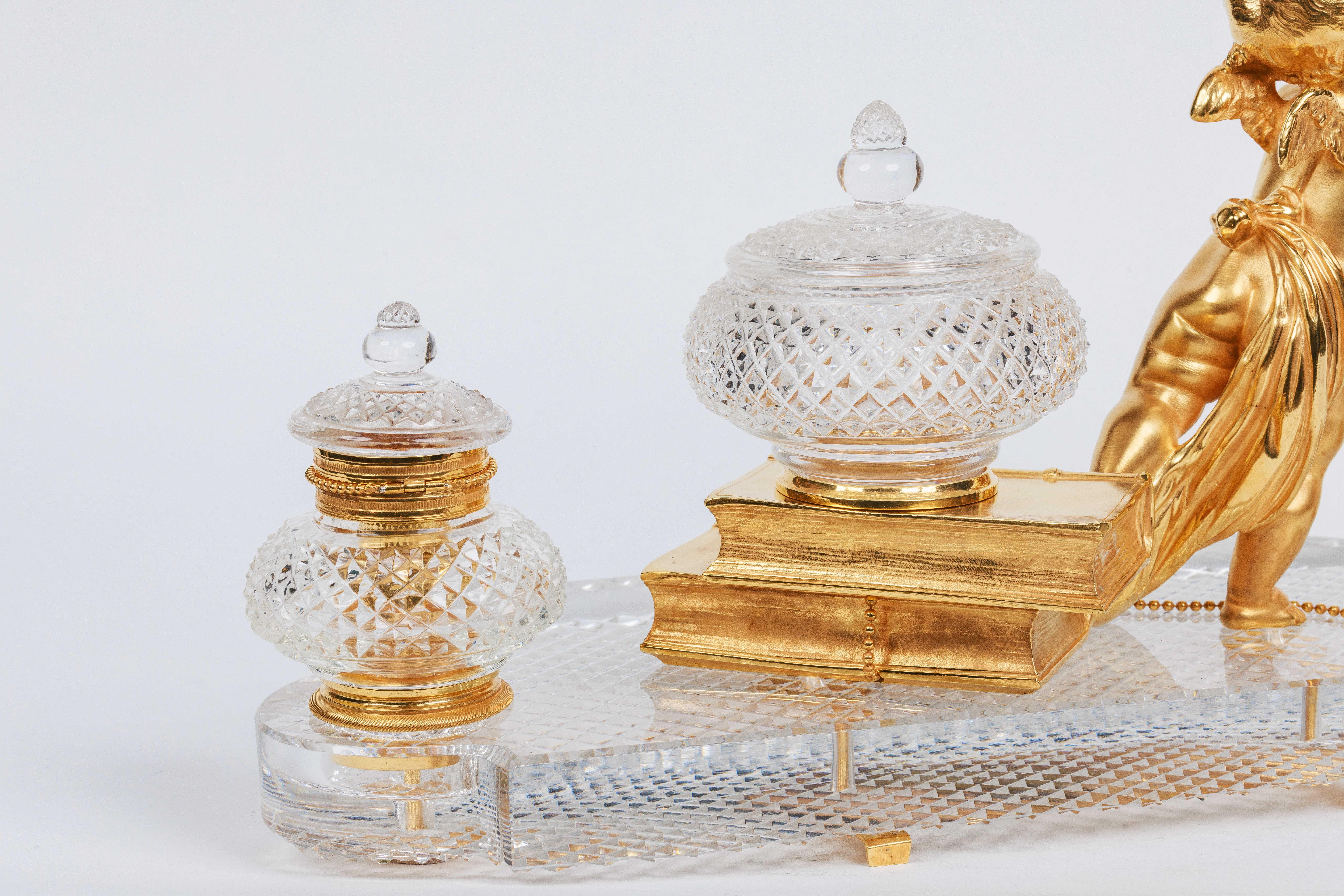 Rare French Ormolu and Diamond-Cut Crystal Figural Inkwell Encrier by Baccarat For Sale 8