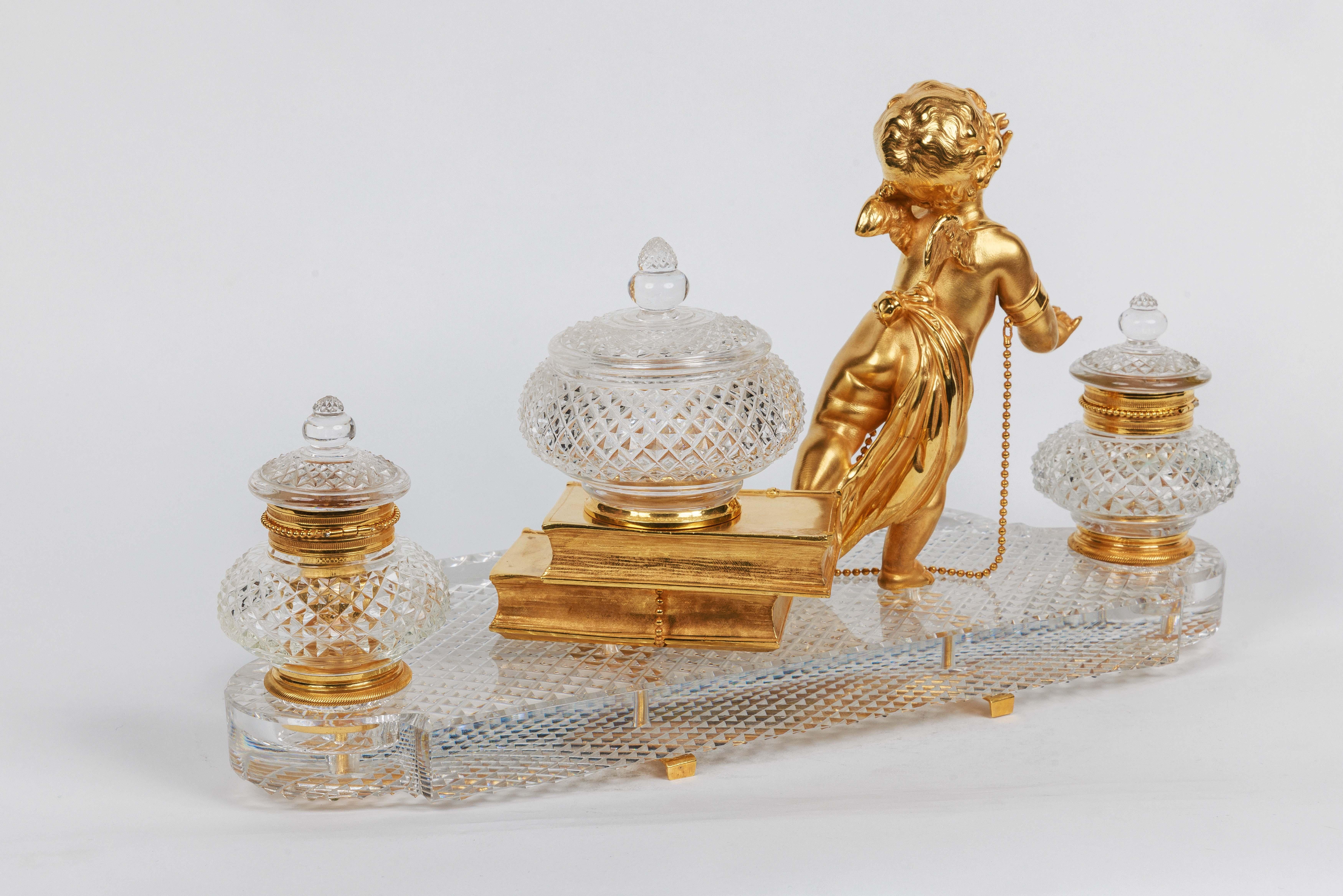 Rare French Ormolu and Diamond-Cut Crystal Figural Inkwell Encrier by Baccarat For Sale 10