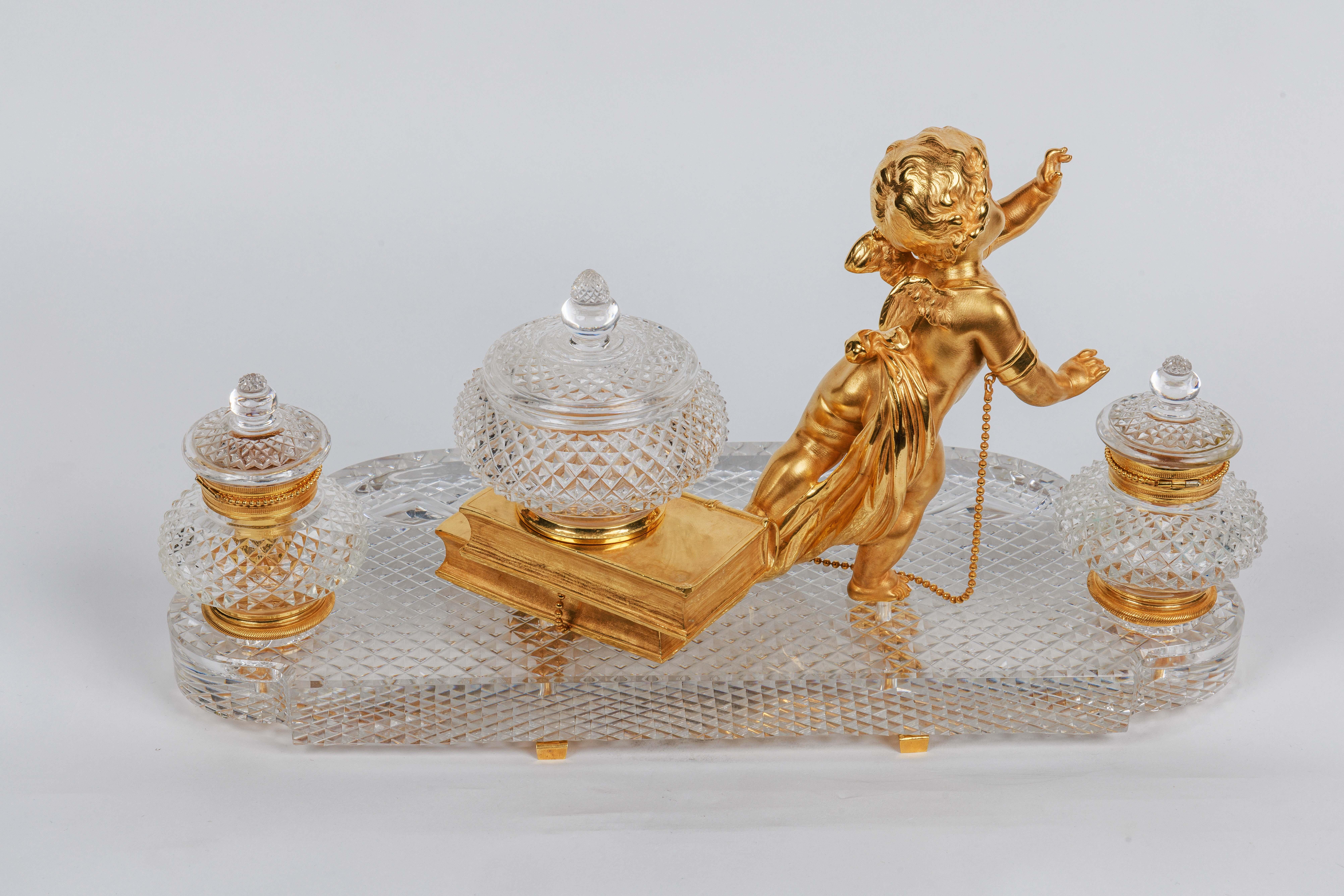 Napoleon III Rare French Ormolu and Diamond-Cut Crystal Figural Inkwell Encrier by Baccarat For Sale