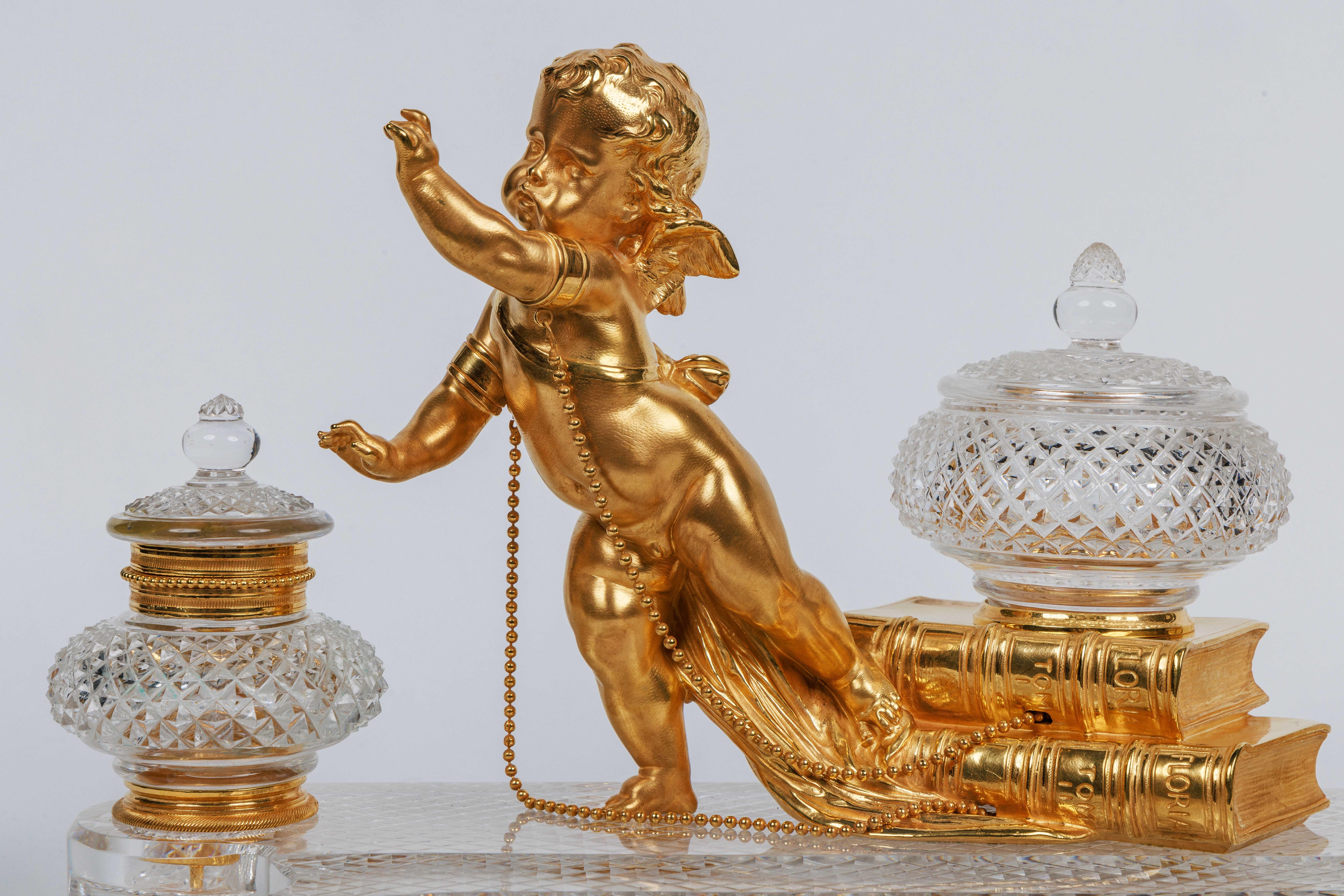 Rare French Ormolu and Diamond-Cut Crystal Figural Inkwell Encrier by Baccarat In Good Condition For Sale In New York, NY