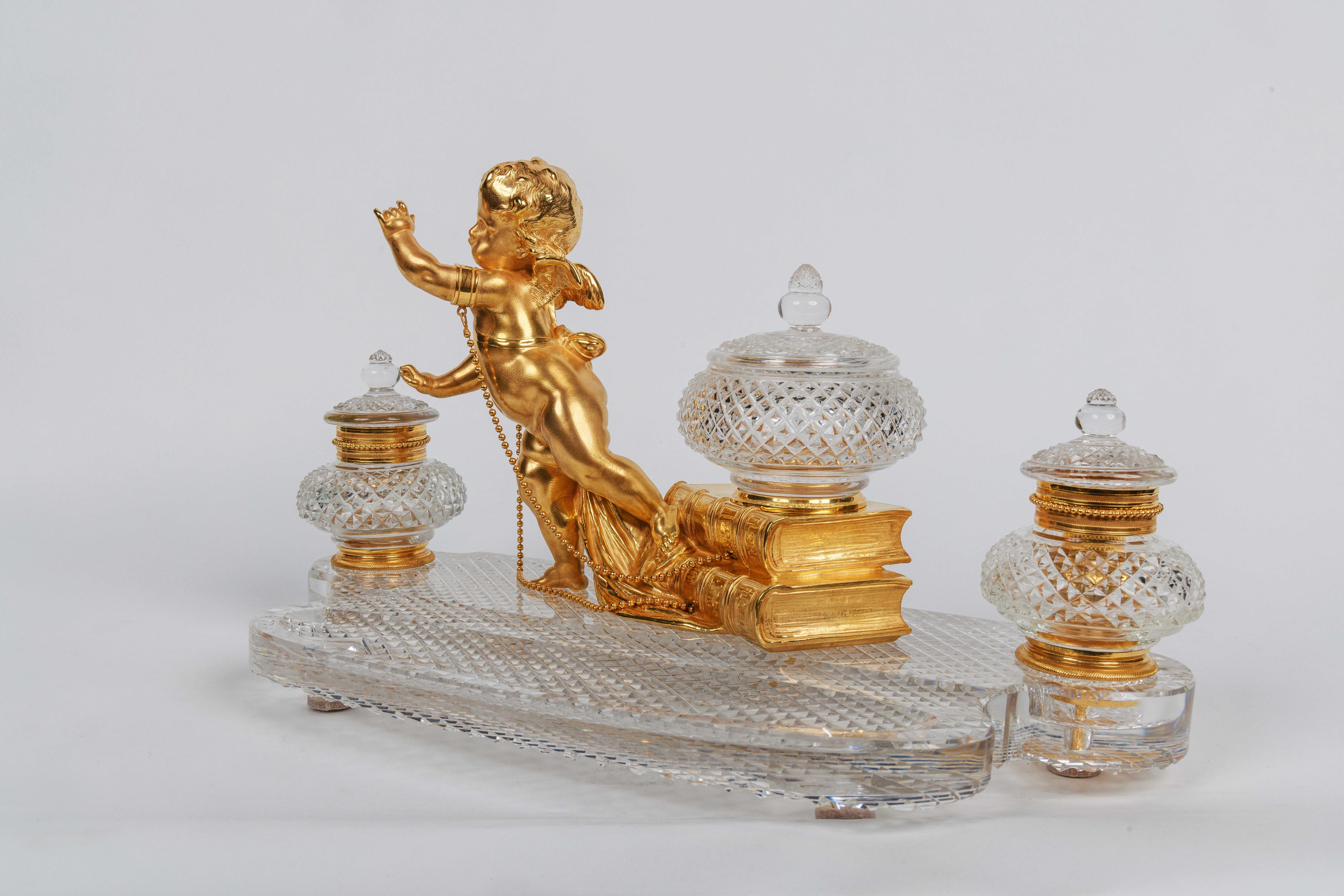 19th Century Rare French Ormolu and Diamond-Cut Crystal Figural Inkwell Encrier by Baccarat For Sale