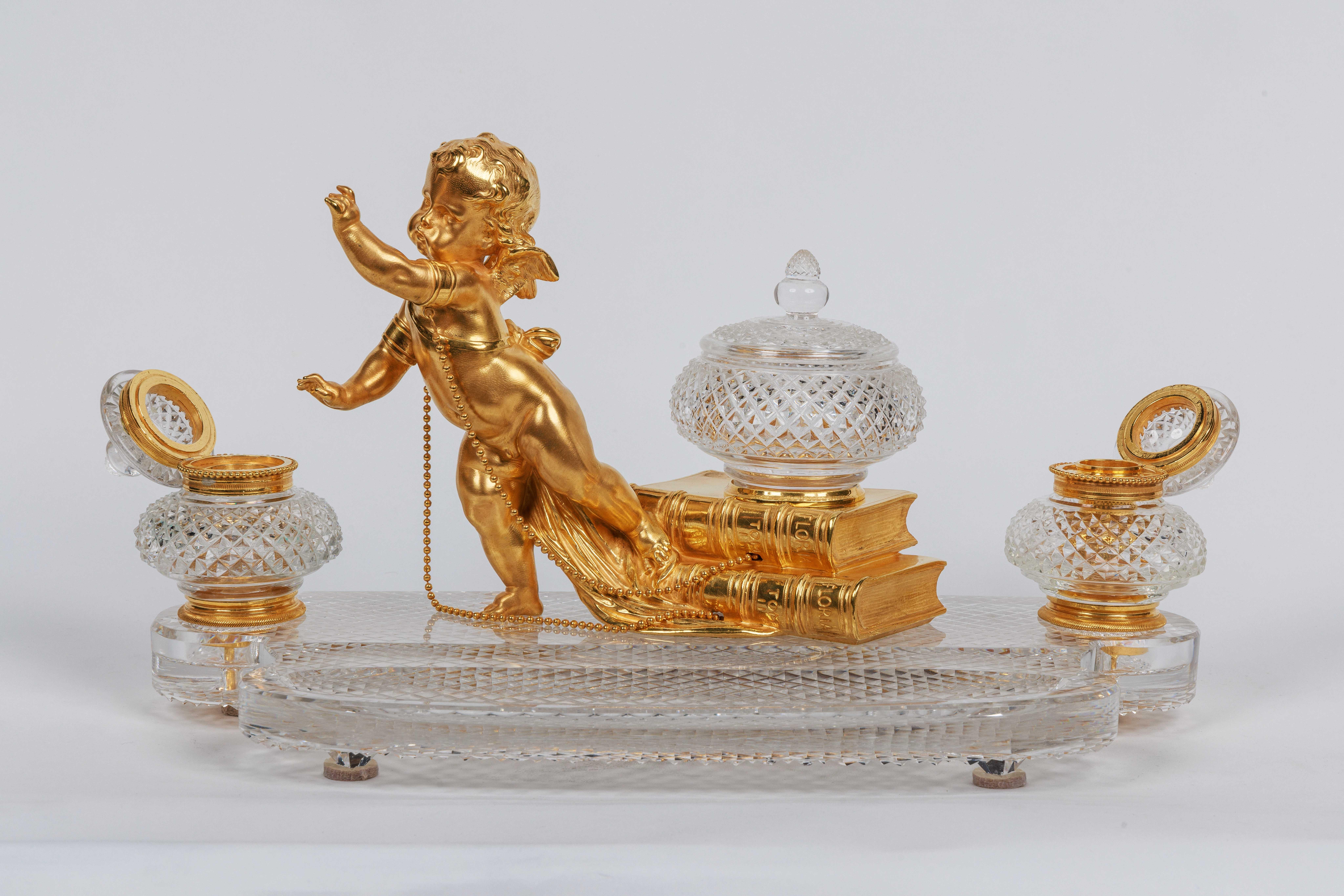 Bronze Rare French Ormolu and Diamond-Cut Crystal Figural Inkwell Encrier by Baccarat For Sale