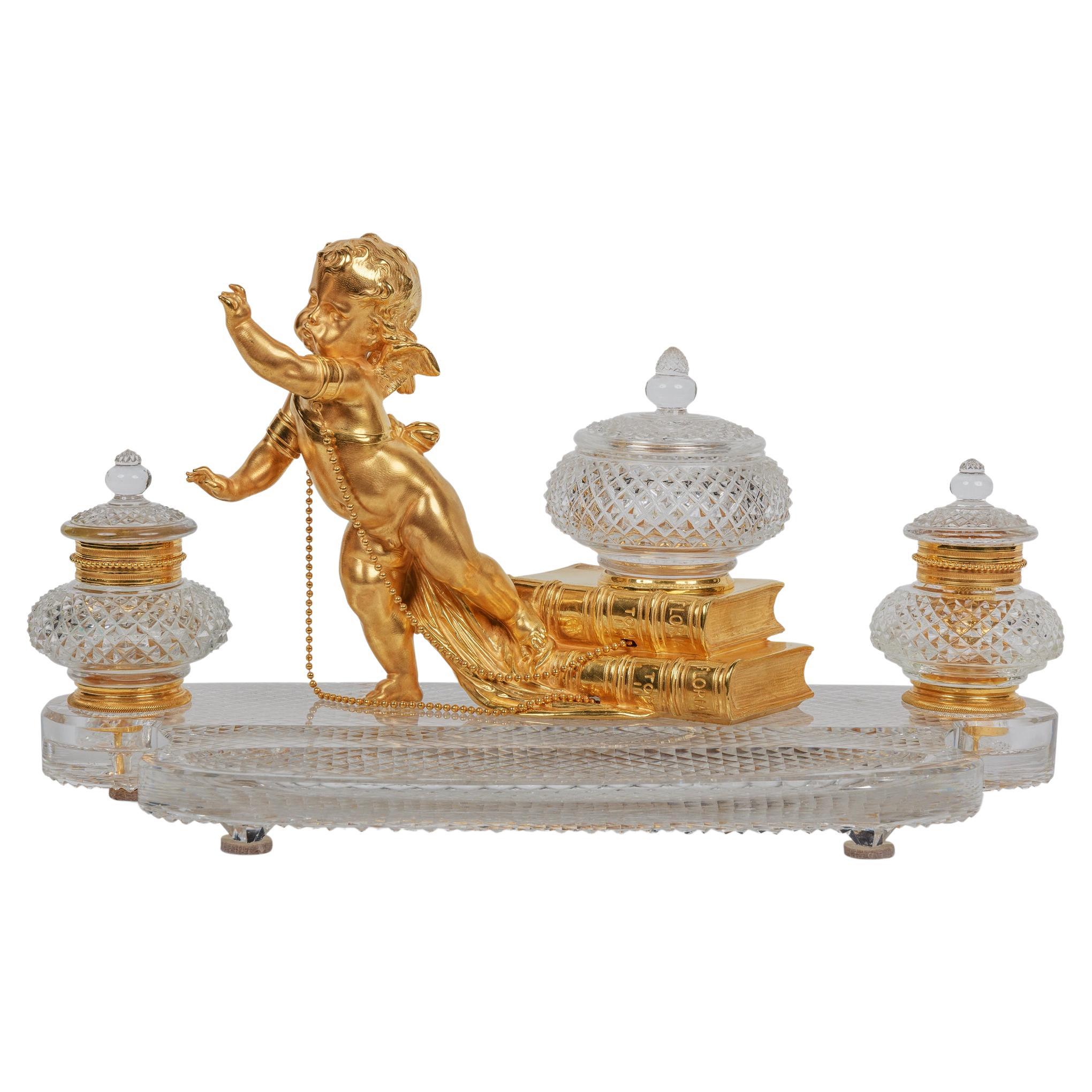 Rare French Ormolu and Diamond-Cut Crystal Figural Inkwell Encrier by Baccarat For Sale