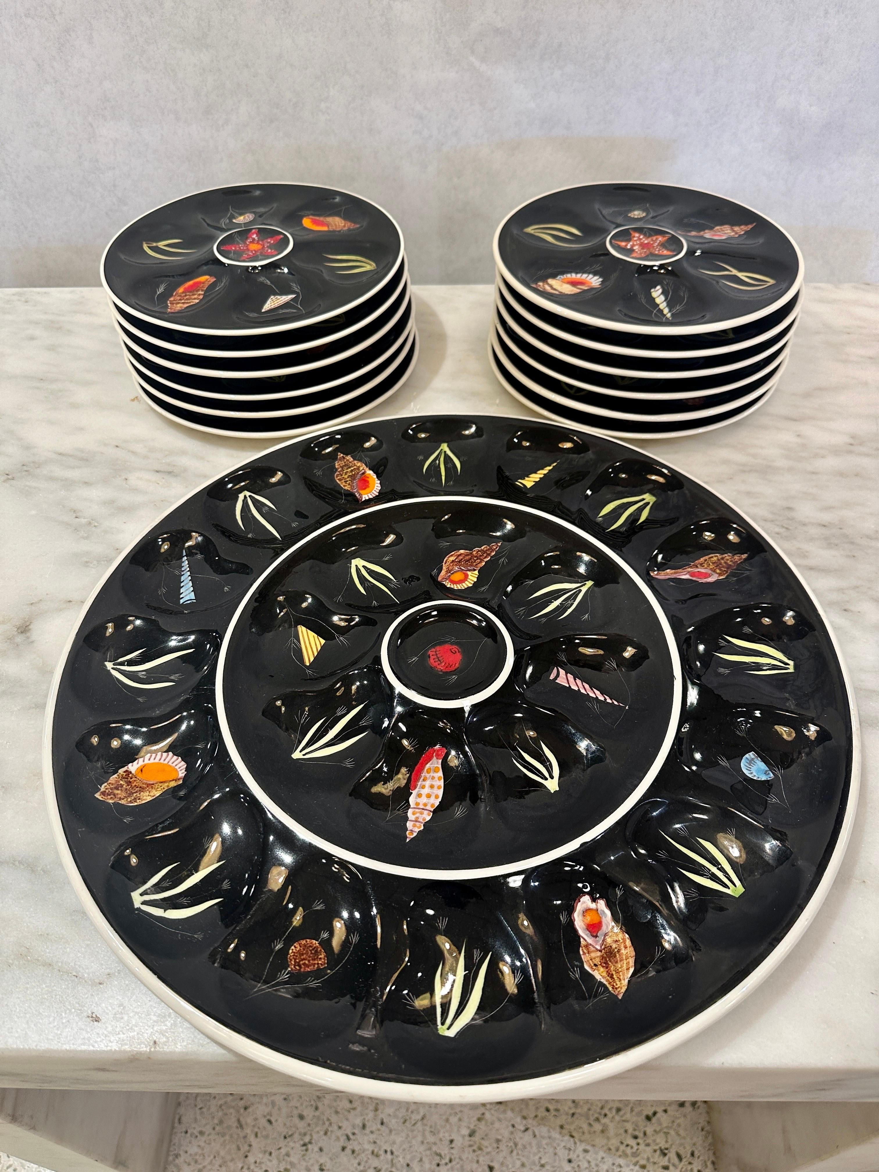Hand-Painted A RARE French Oyster Service Platter and 12 Plates by Henriot Quimper For Sale