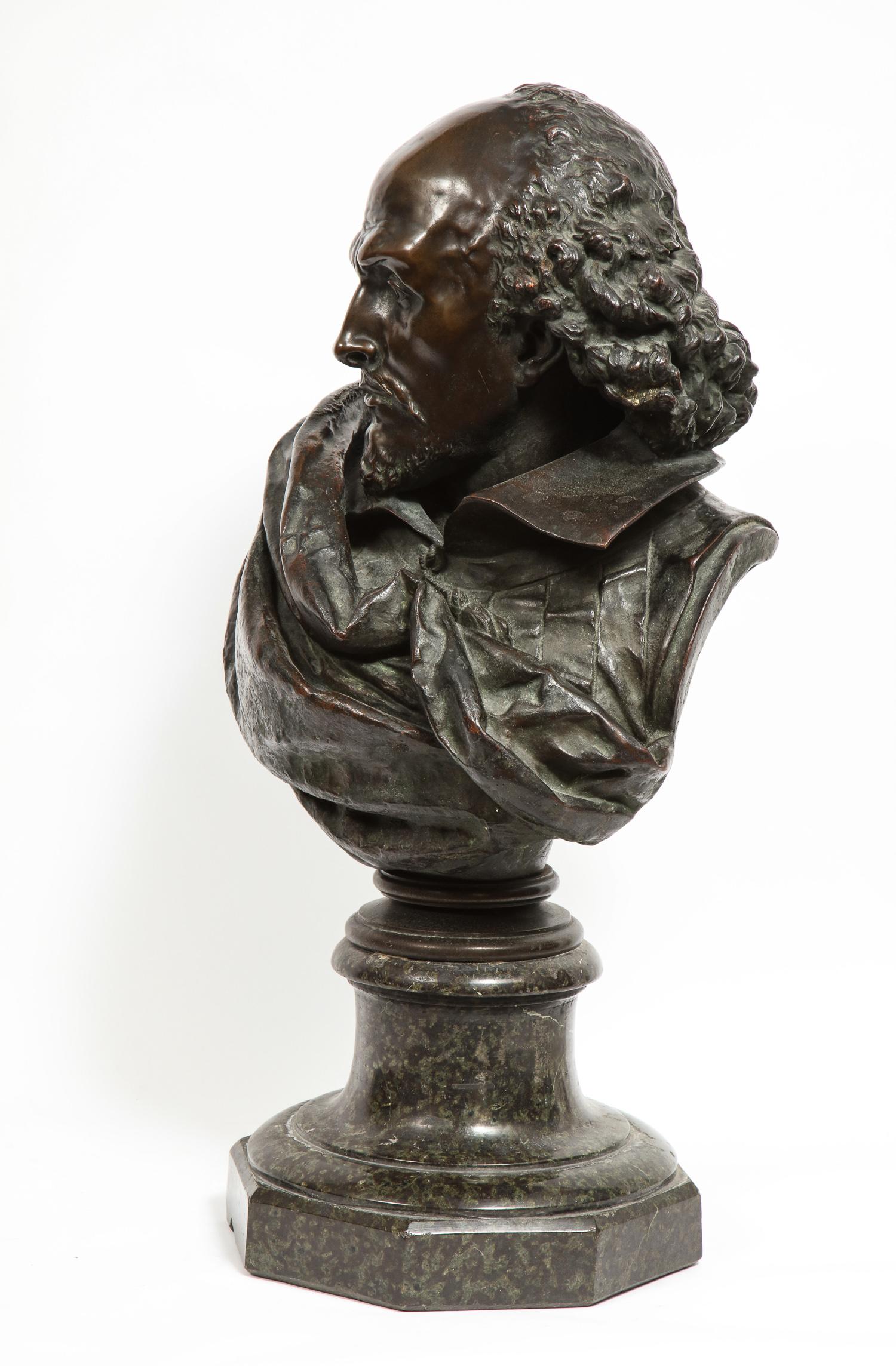 A rare and large French patinated bronze bust of William Shakespeare, 
Albert-Ernest Carrier-Belleuse, Paris, circa 1880.

Signed - A. Carrier-Belleuse Paris and inscribed PINEDO fondeur, on a serpentine marble plinth.

Measures: 26
