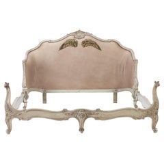 Rare French Queen Size Painted and Carved Bed with Angel Wings, Circa 1900